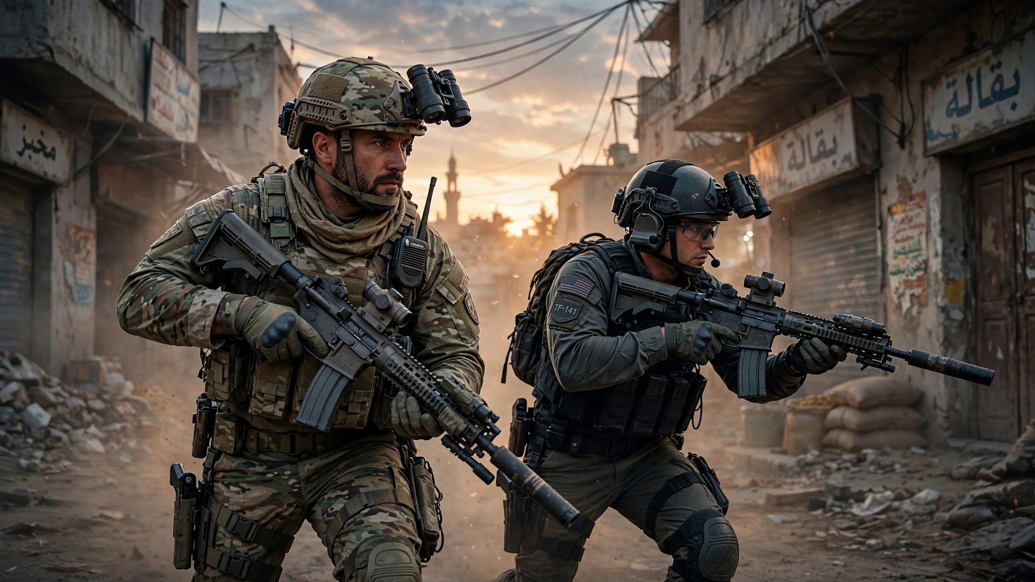 Two special forces operators in tactical gear moving through a Middle Eastern street at dusk, Call of Duty Modern Warfare 4 style