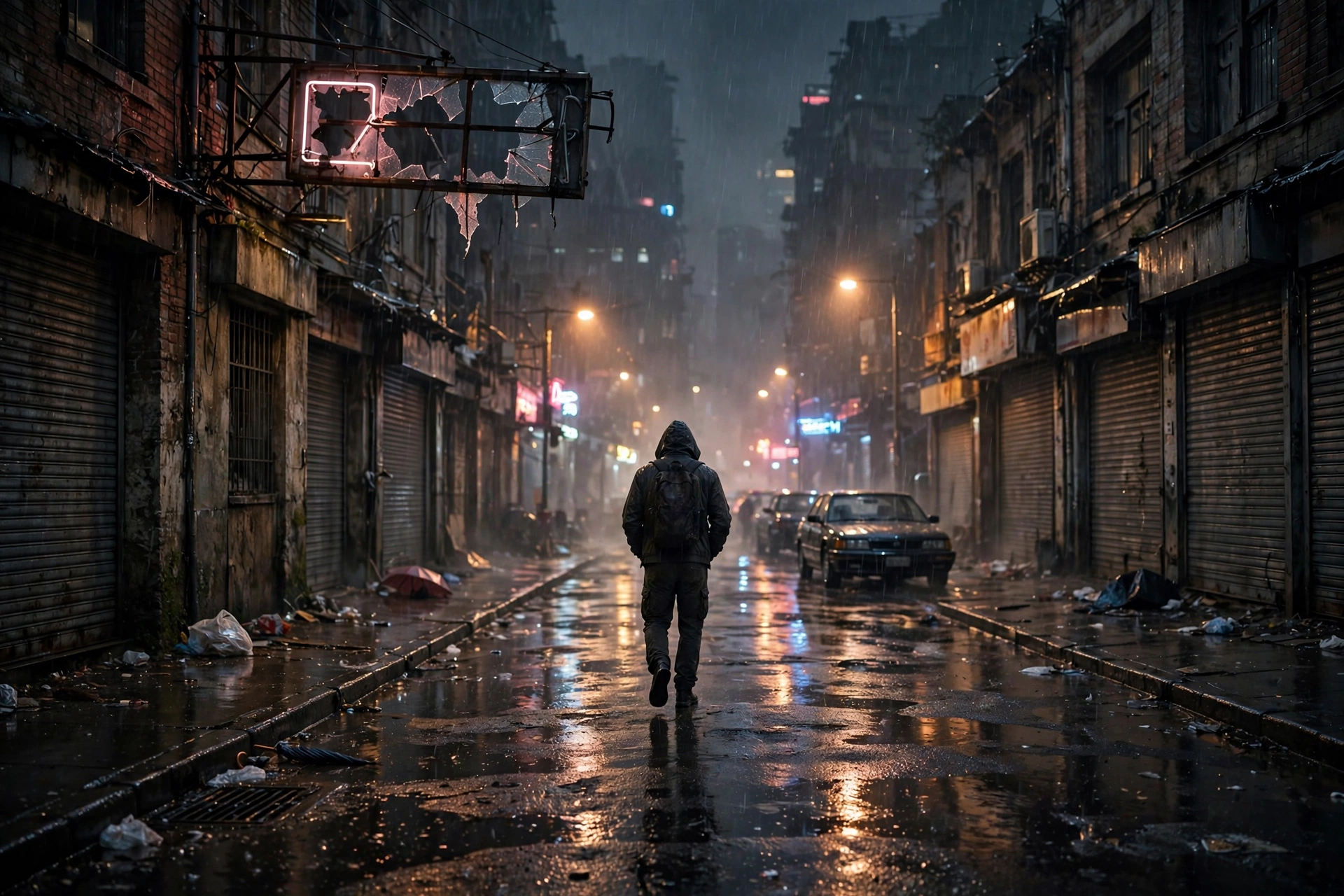 Hooded figure walking through a rain-soaked neon city street at night, inspired by the crime game Samson