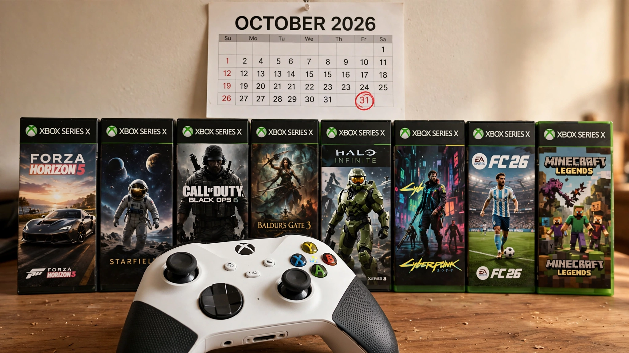 White Xbox controller in front of eight game cases with October 31 circled on a calendar