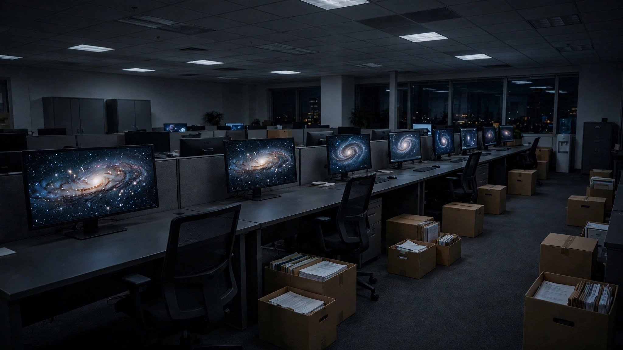 Empty dark game studio office at night with monitors showing galaxy art and packed moving boxes