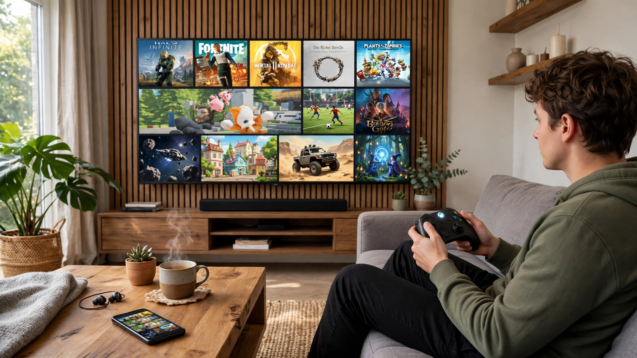 Xbox controller in front of a TV streaming a game through Xbox Cloud Gaming, with the same library on a phone