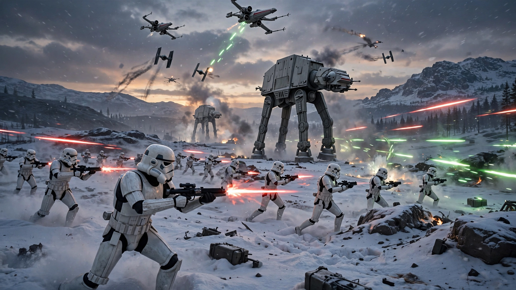 Stormtroopers advance across a snowy battlefield under AT-AT walkers and starfighters in a Star Wars Battlefront battle