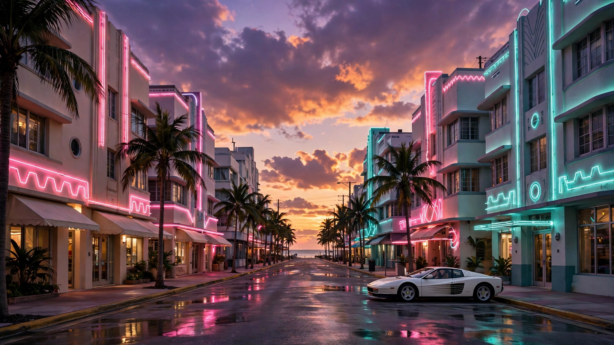 Neon-soaked Vice City style street at sunset with art deco hotels, palm trees and a white sports car