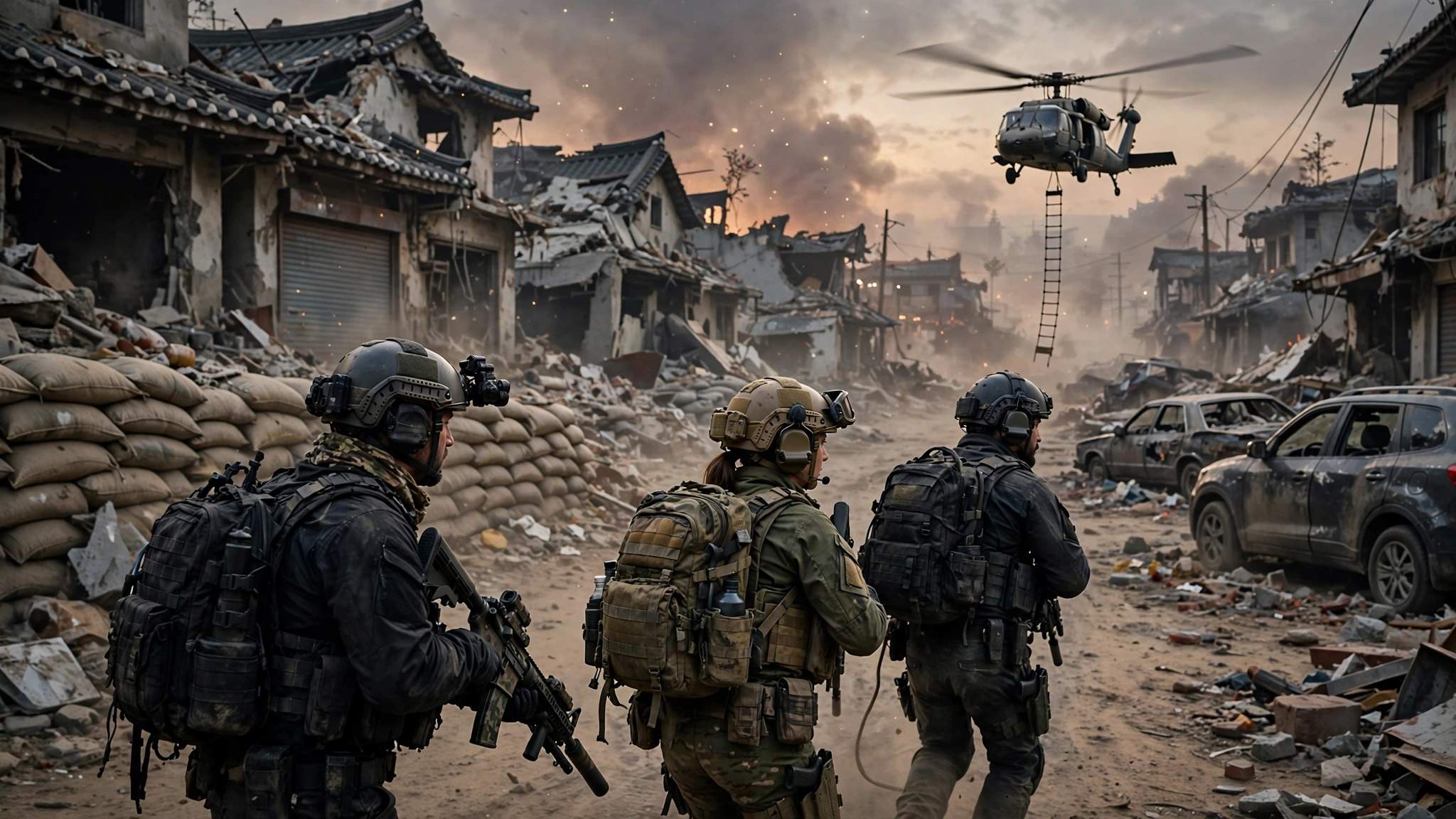 Three operators with backpacks move through a war-torn town in Modern Warfare 4 DMZ as an extraction helicopter hovers behind them