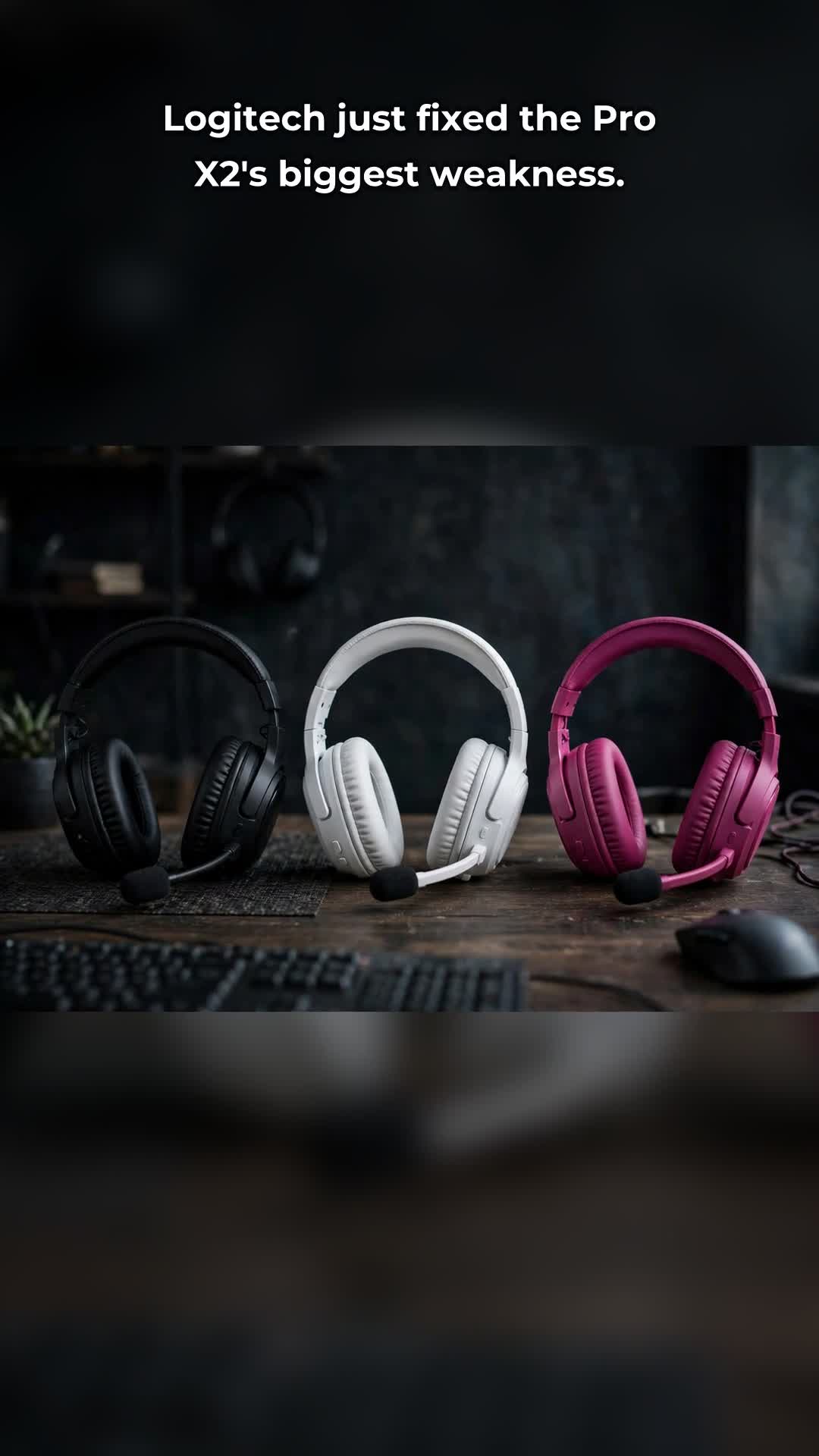 Logitech G Pro X3 Lightspeed review video - headsets in black, white and magenta on a desk