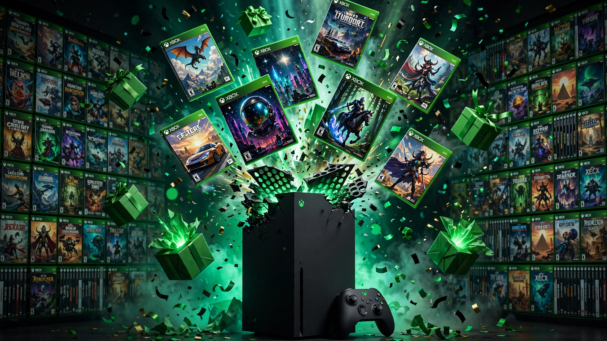 Xbox Series X console with game cases and green gift boxes bursting out