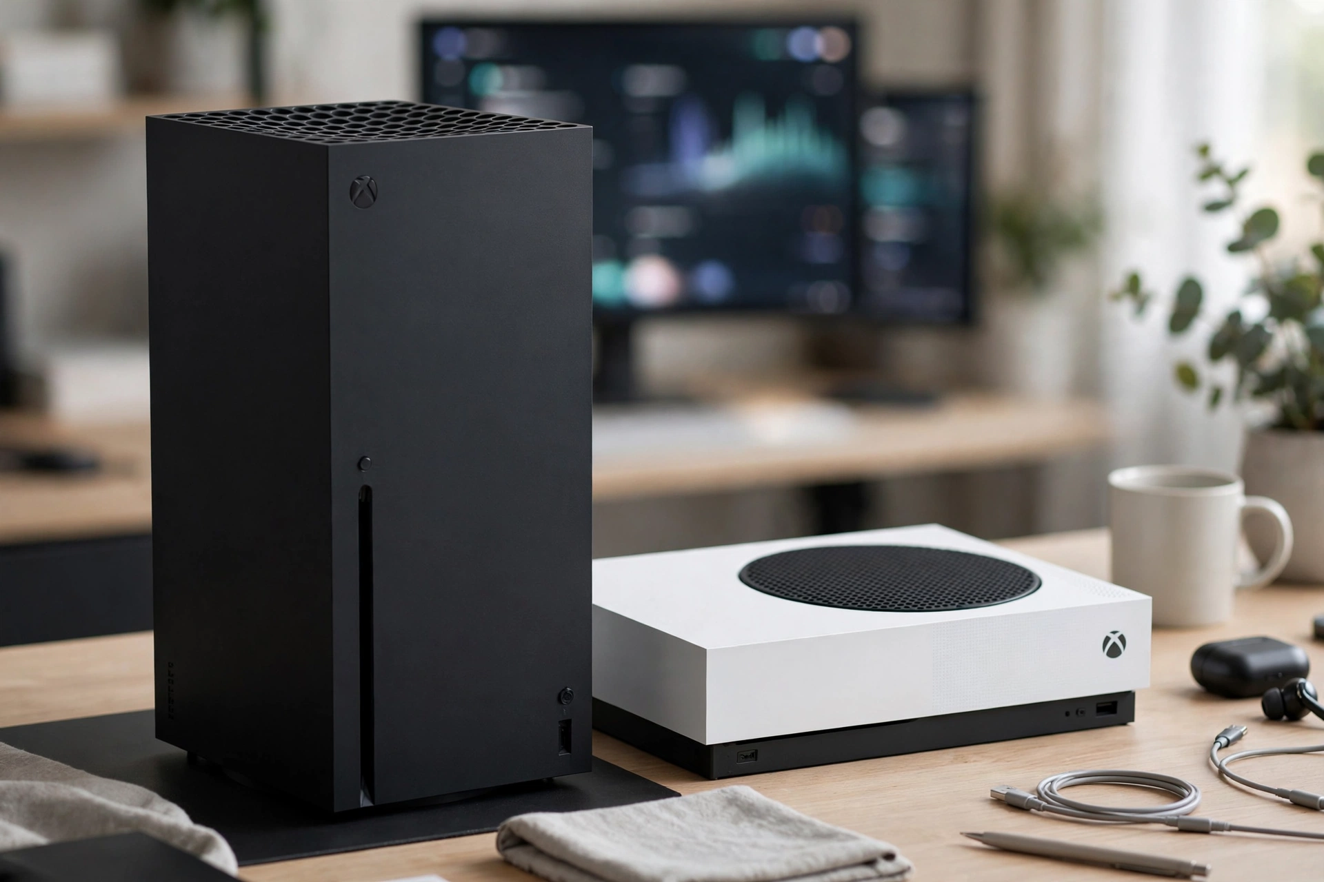 Xbox Series X and Xbox Series S consoles on a desk