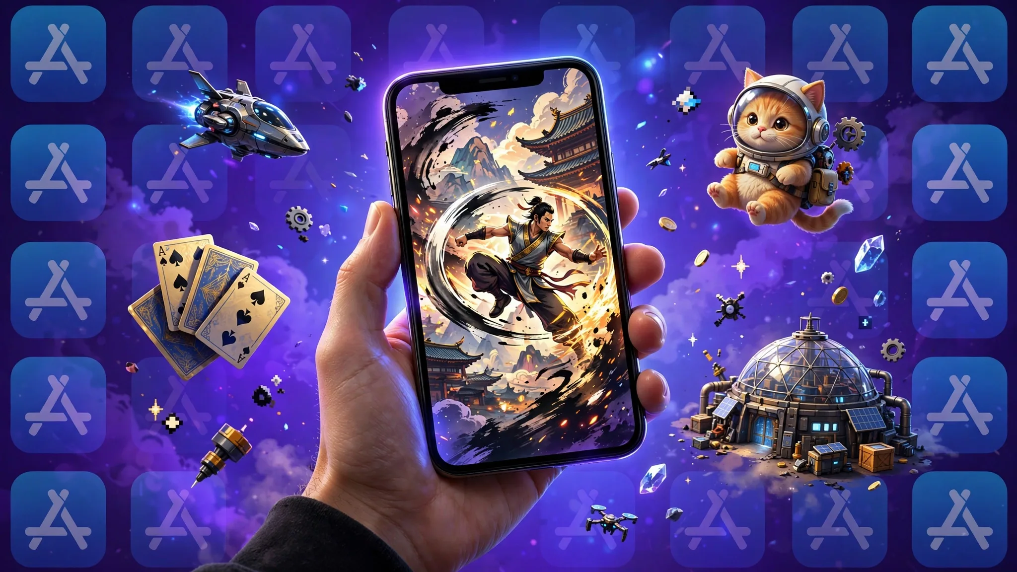Hand holding an iPhone glowing with indie game artwork on the App Store