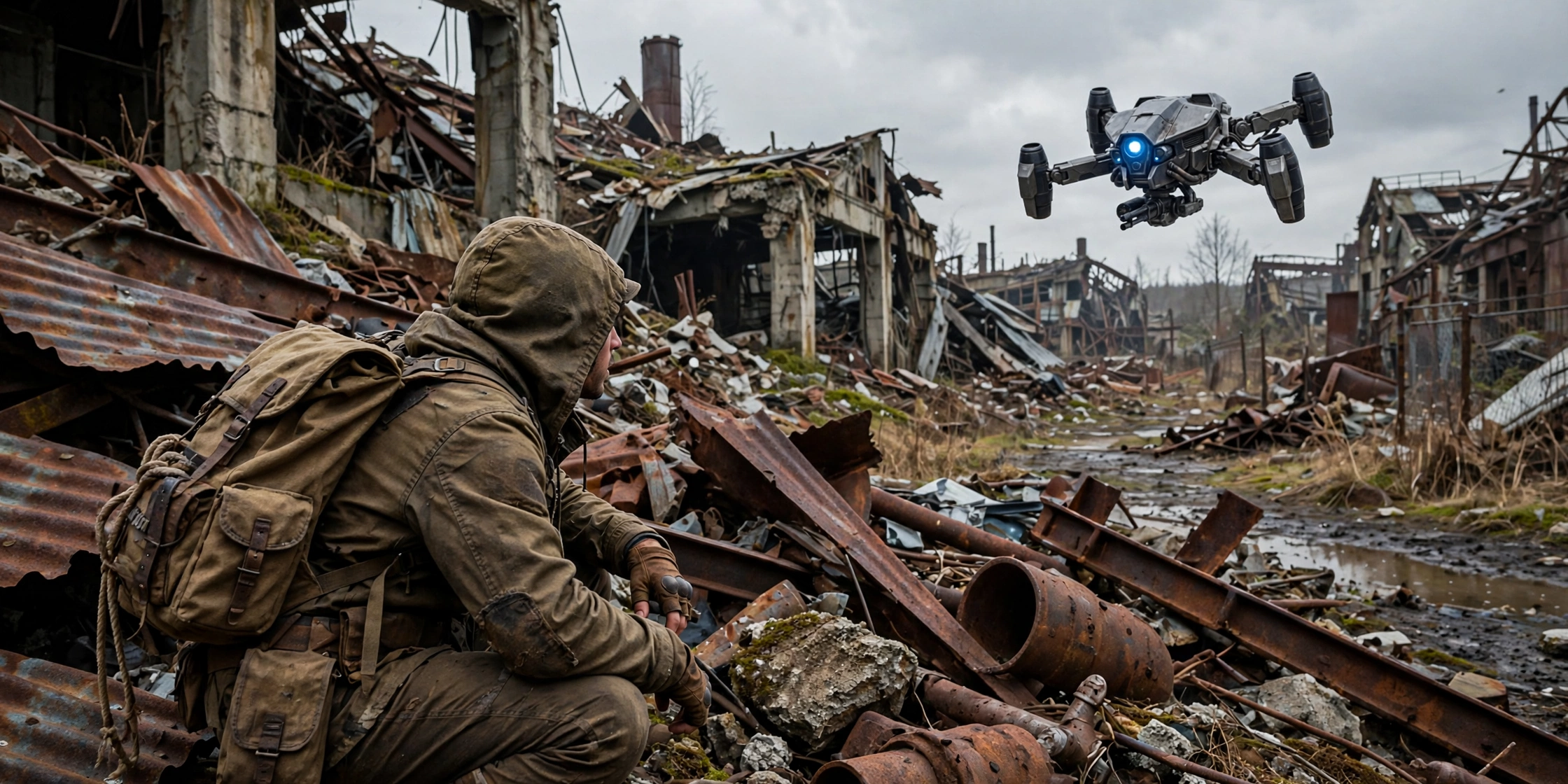 ARC Raiders scavenger crouched in the rusted Rust Belt wasteland with an ARC machine drone behind them