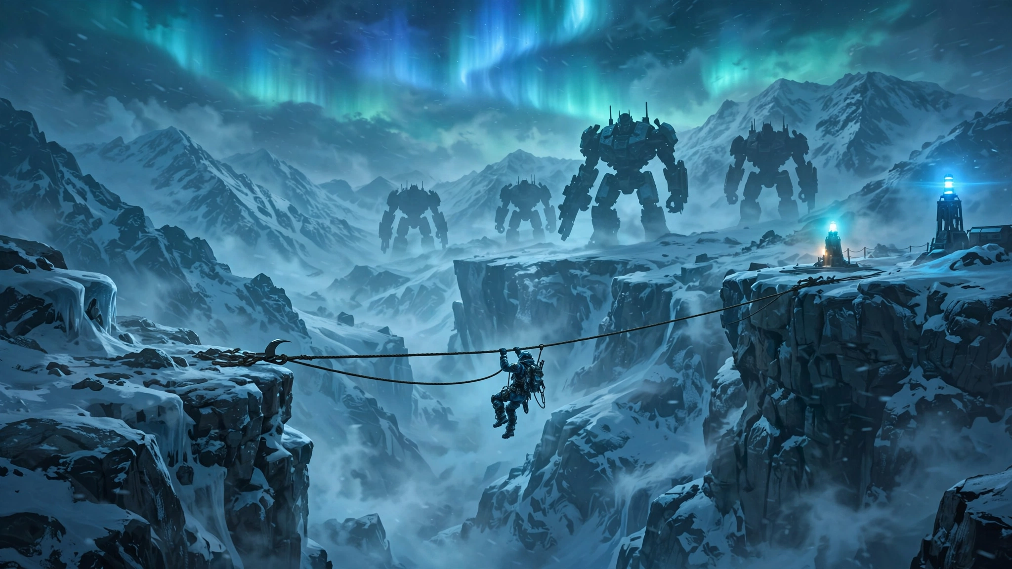 Armored raider crossing a snowy mountain pass with giant robots in the distance