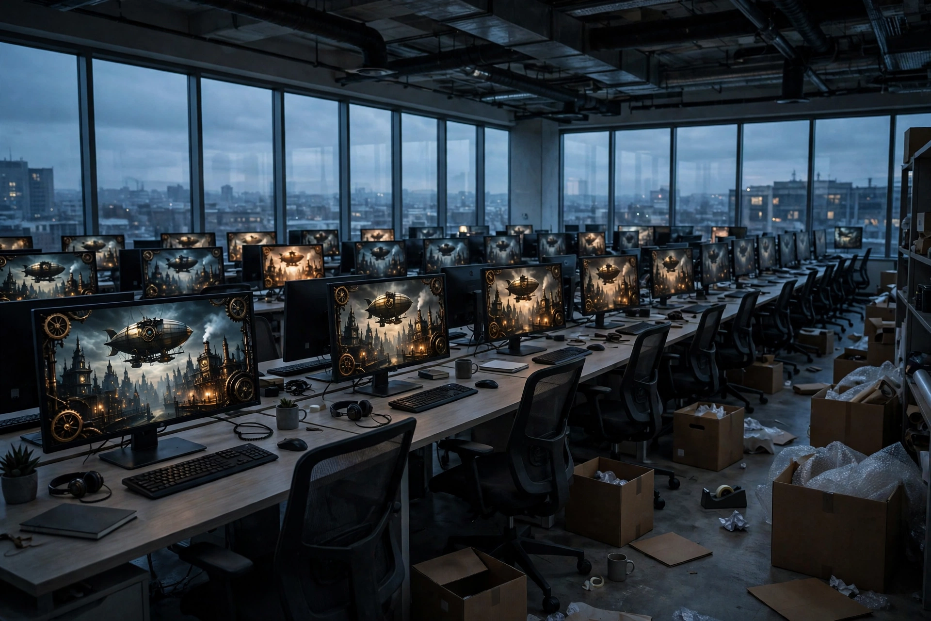 An empty game development studio office at dusk, monitors showing a steampunk city, packing boxes on the floor