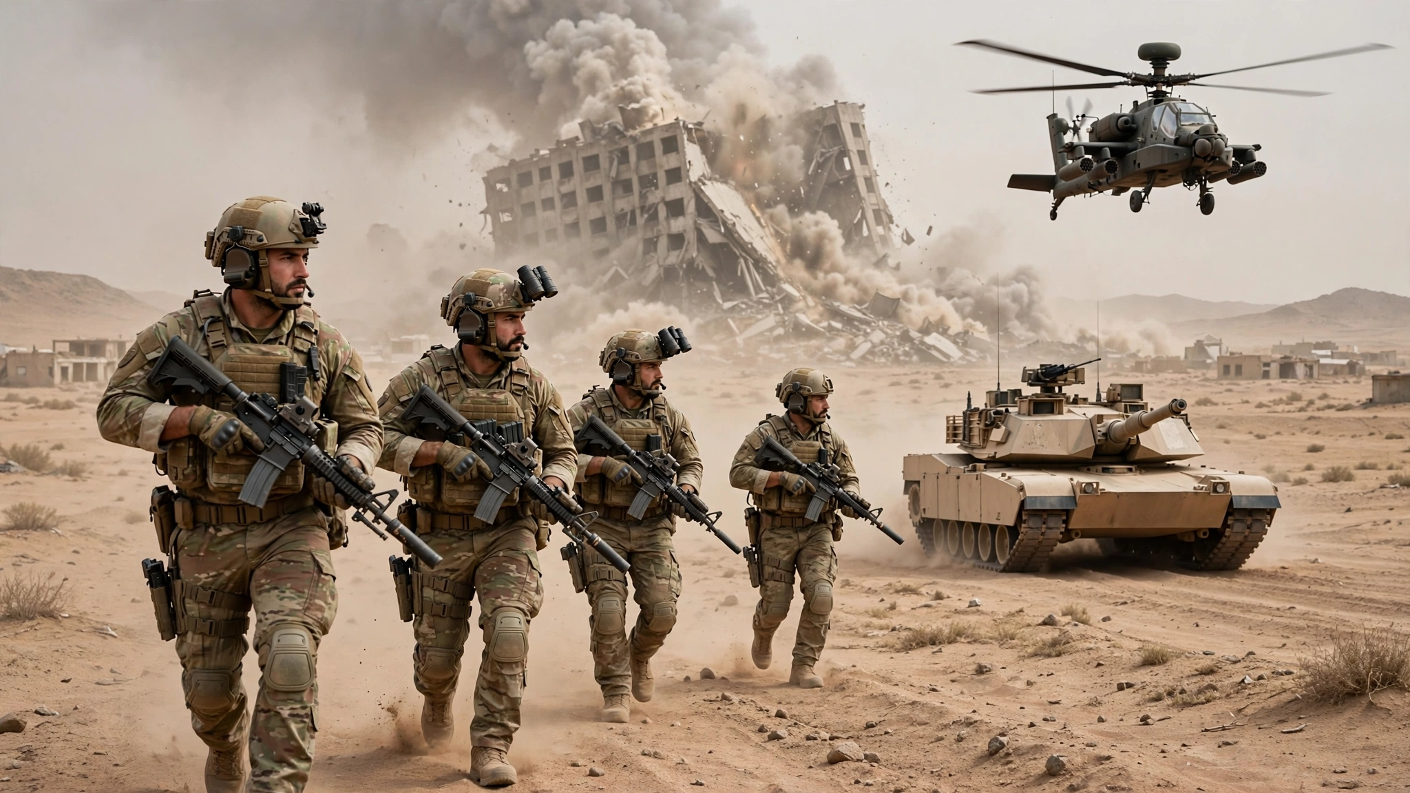 Soldiers, a tank, and an attack helicopter battle through a collapsing desert battlefield in Battlefield 6