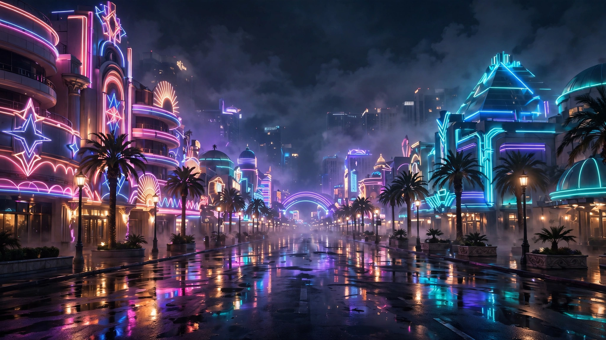 Neon-lit Las Vegas casino boulevard at night