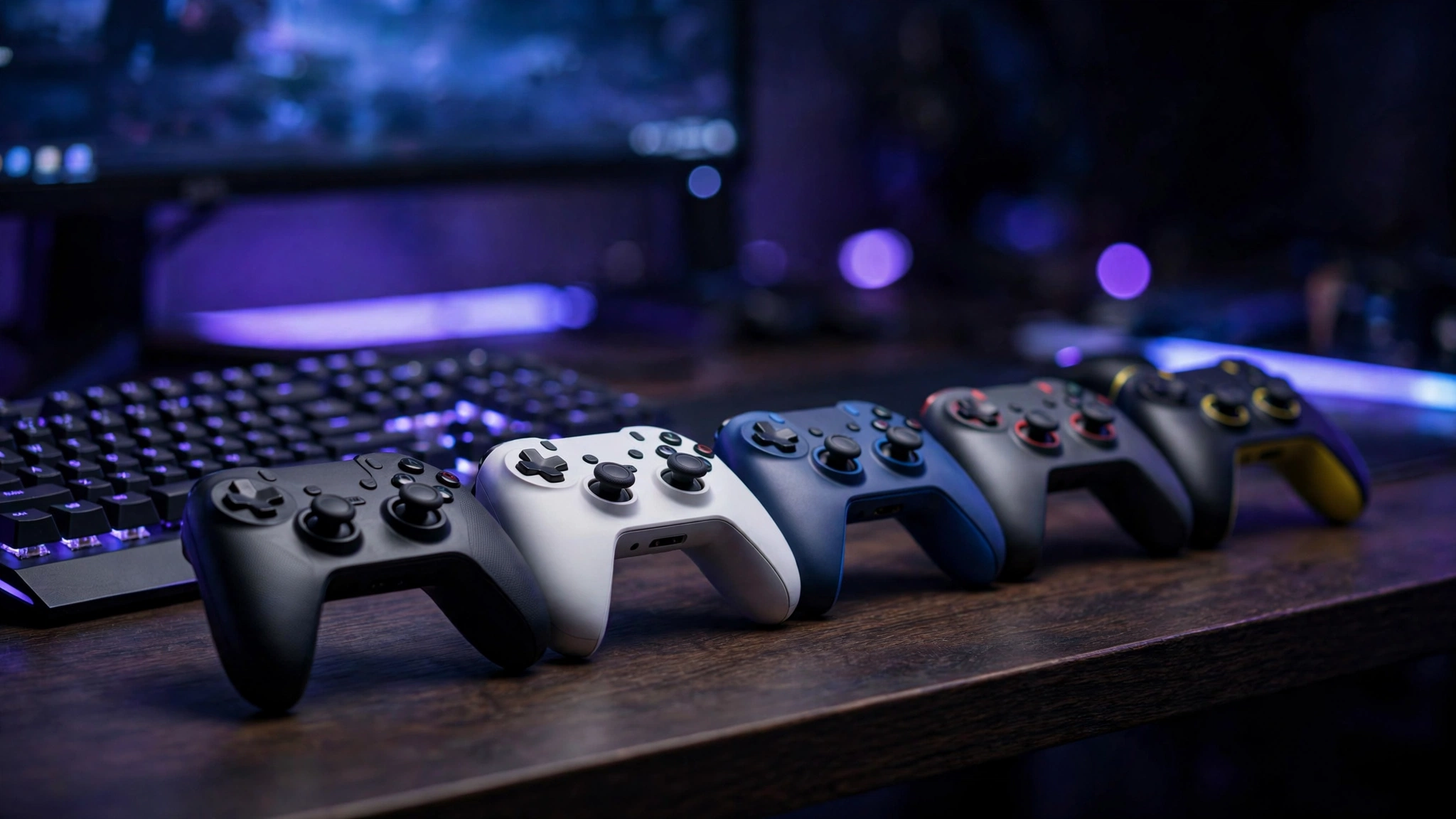 Five gaming controllers lined up on a desk with a glowing monitor behind them