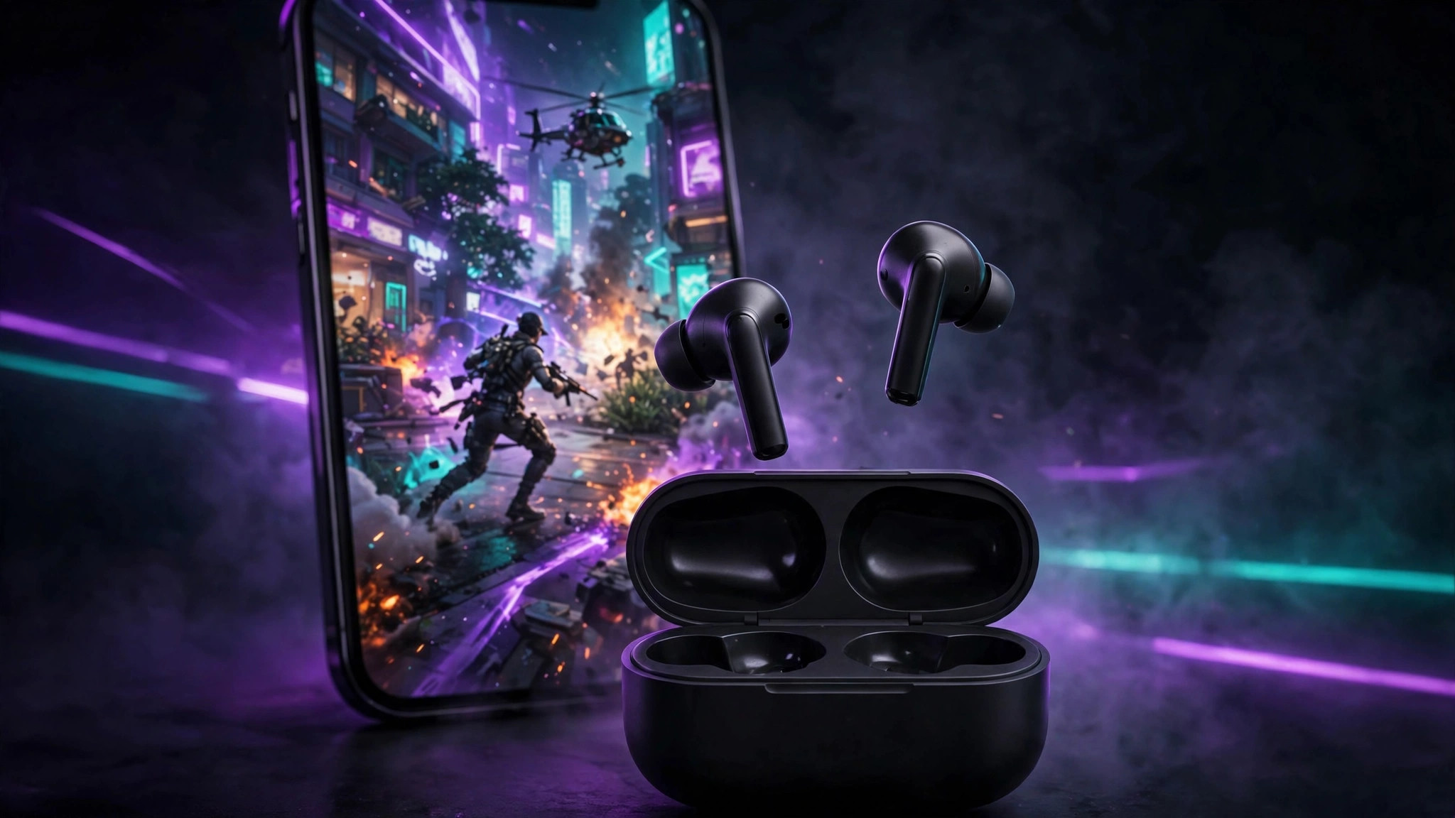 Wireless earbuds floating above an open charging case in front of a smartphone showing a mobile game battle