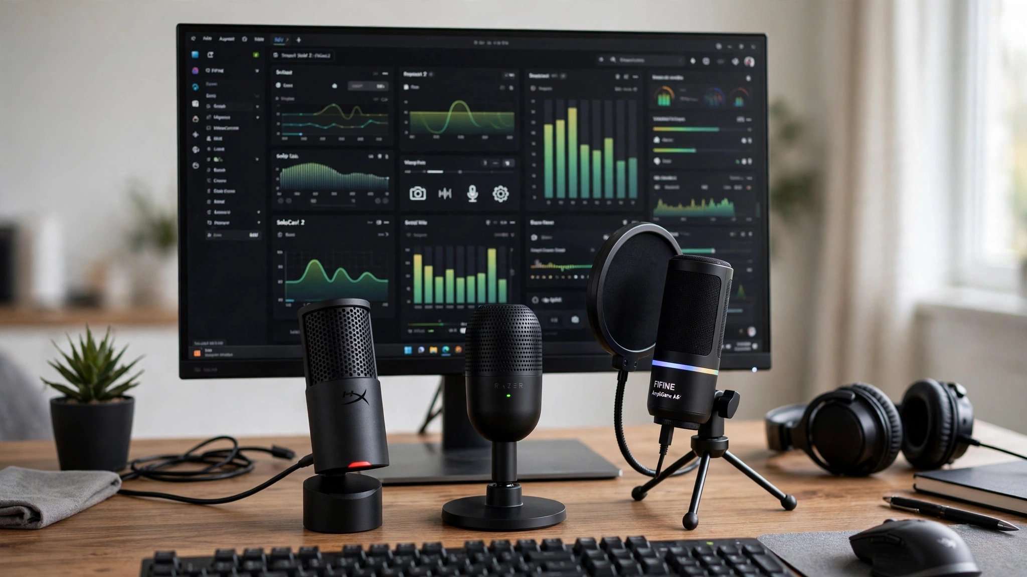 Three budget USB microphones for streaming on a desk in front of a monitor