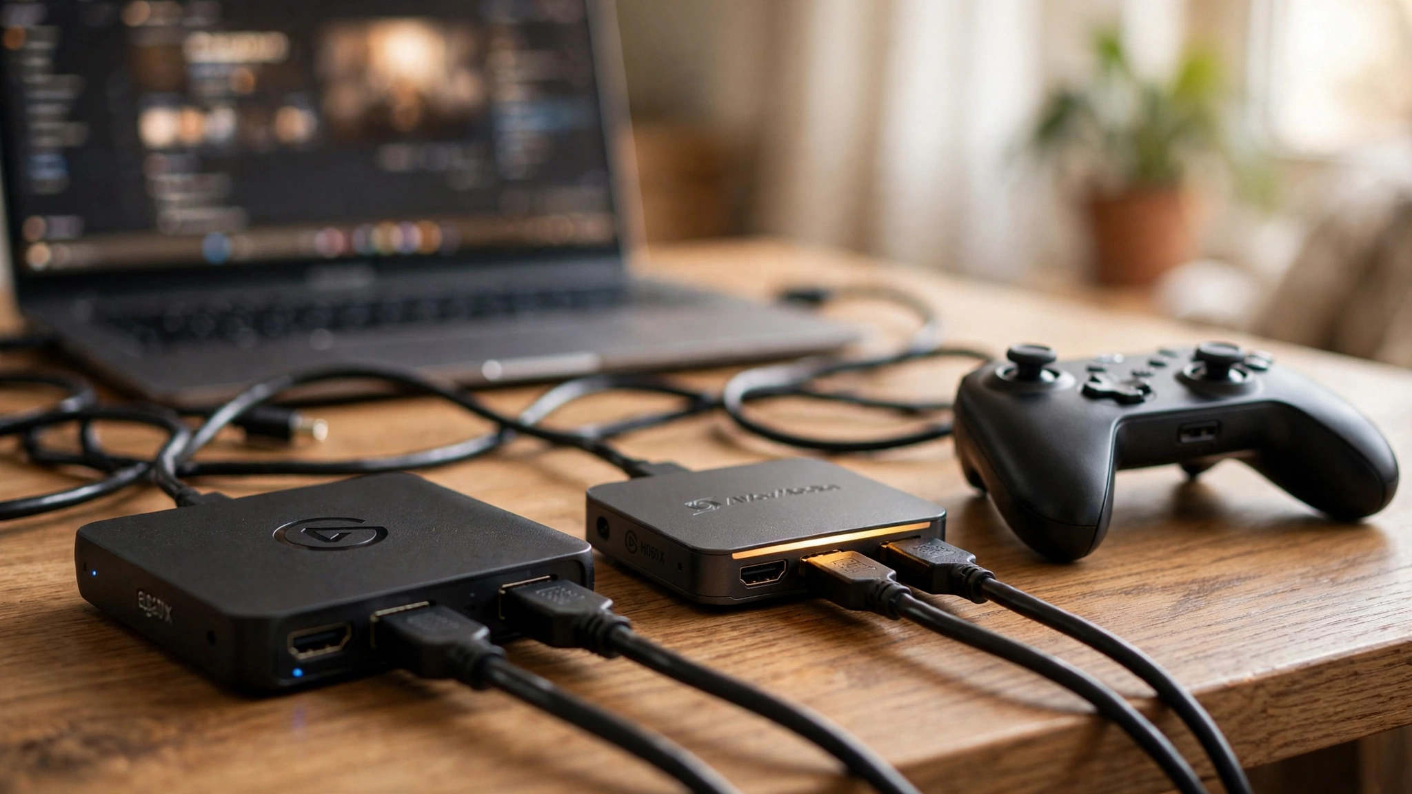 External game capture cards with HDMI cables beside a game controller on a desk