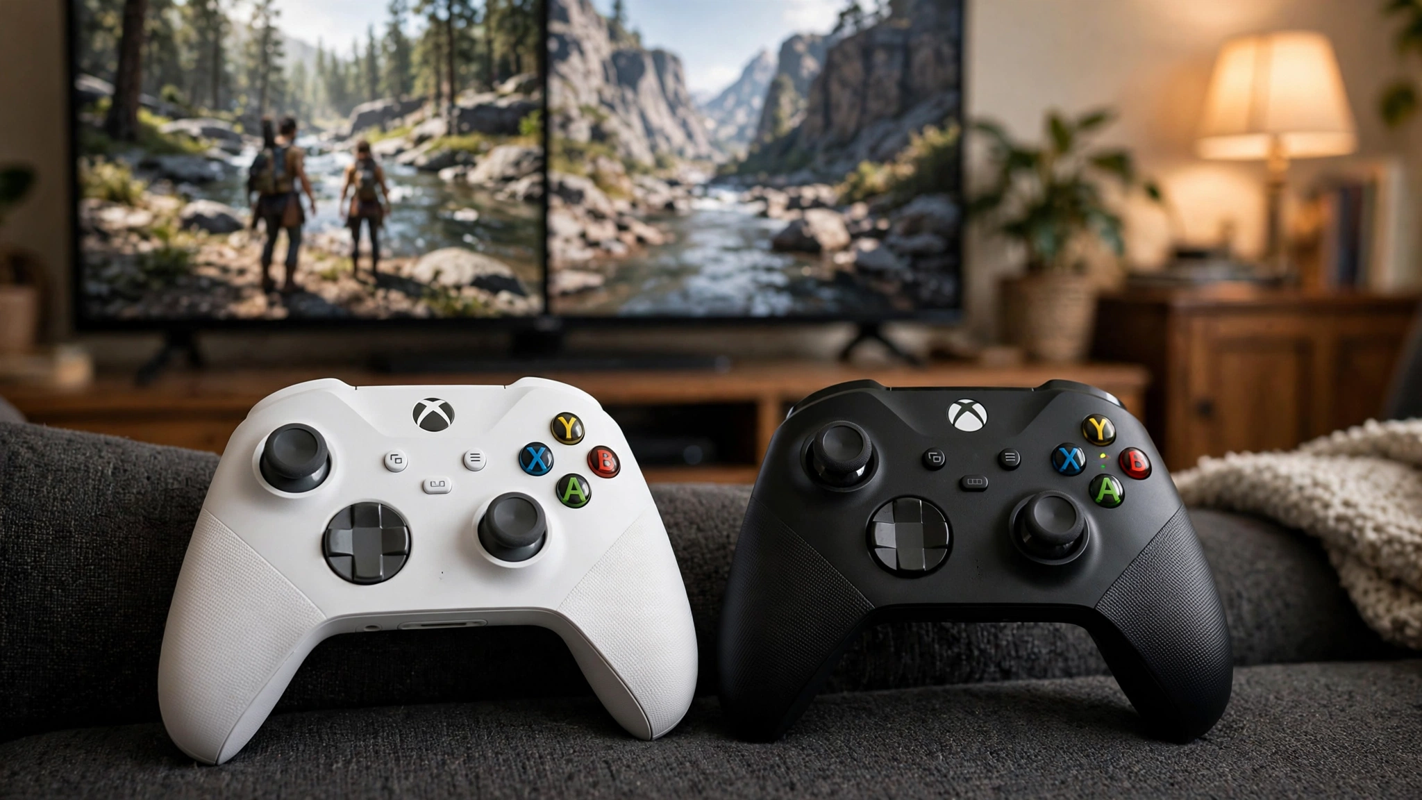 White and black Xbox controllers on a couch with a split-screen co-op game on the TV