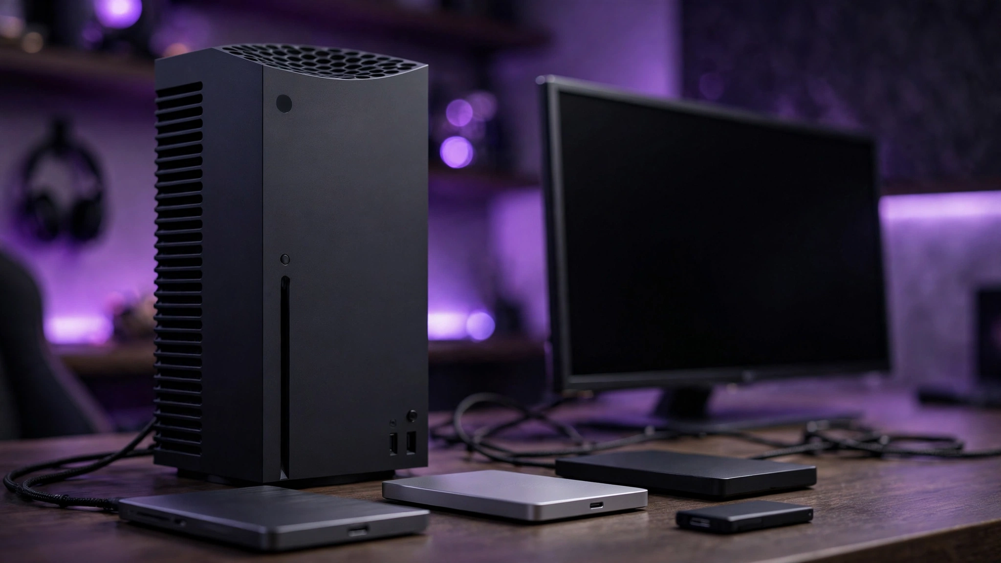 Xbox Series X console with external SSD drives on a desk
