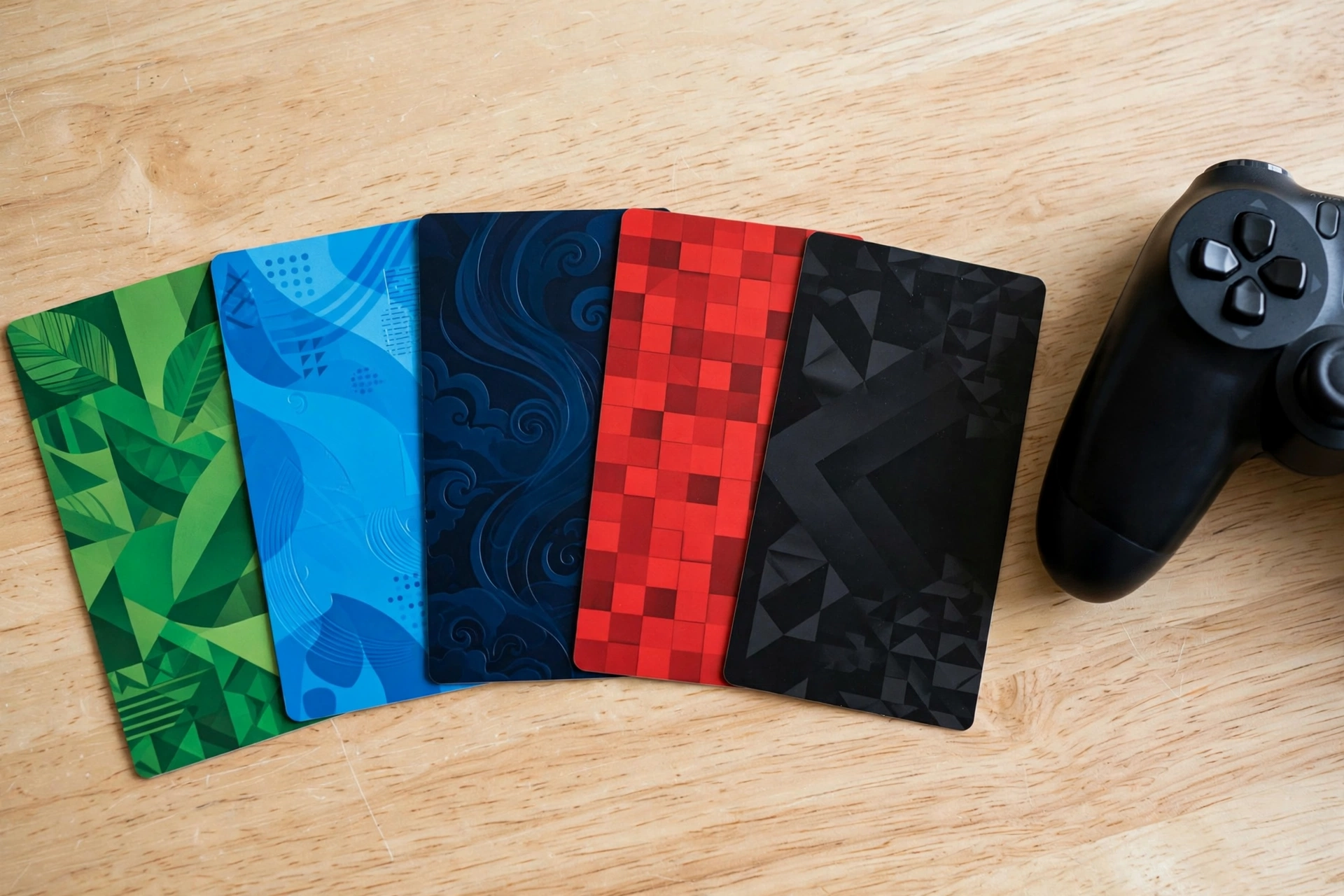 Five colorful gaming gift cards fanned on a desk next to a game controller