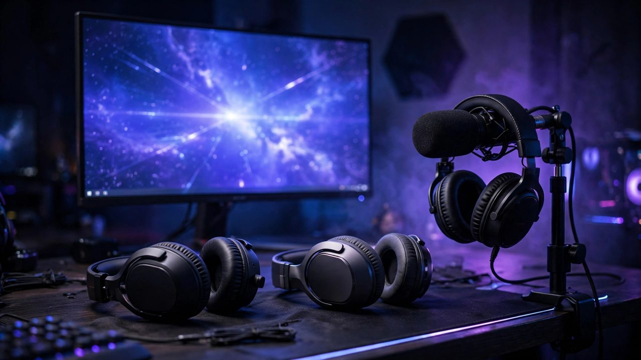 Gaming headsets with microphone on a desk beside a controller