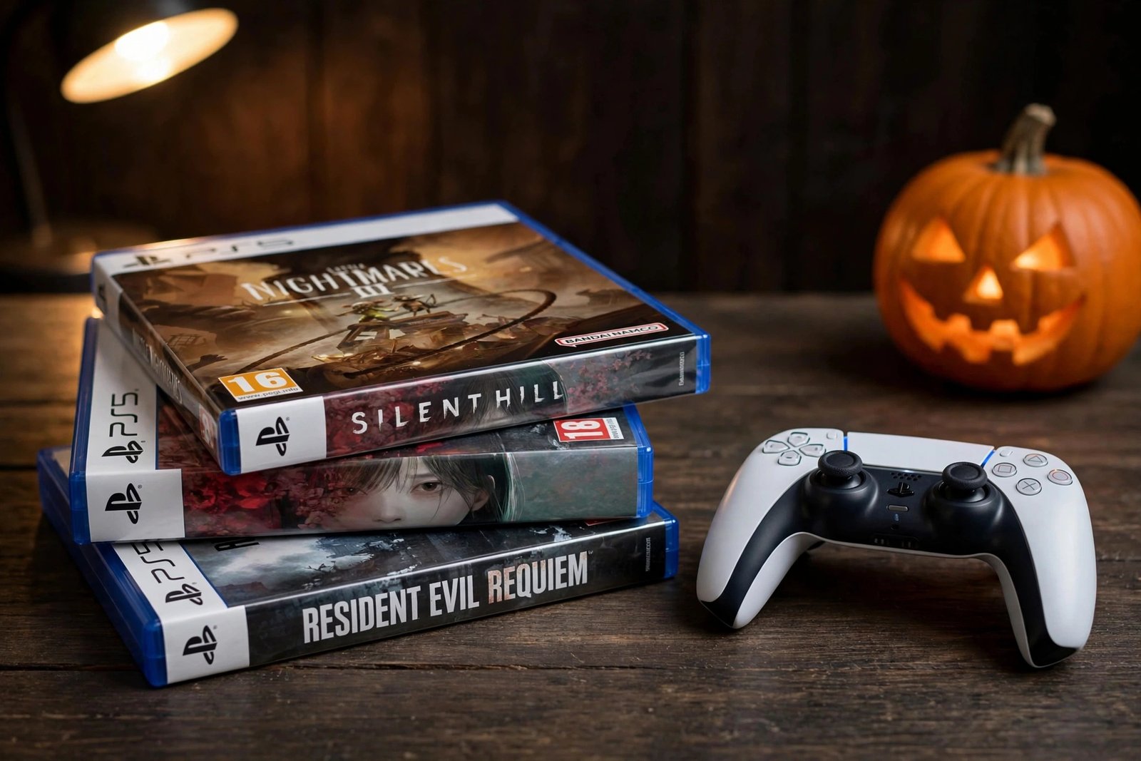 PlayStation 5 game cases for Silent Hill f, Resident Evil Requiem and Little Nightmares III with a DualSense controller