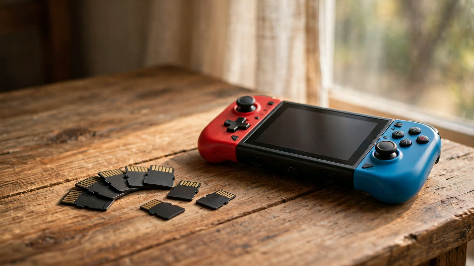 microSD memory cards beside a handheld gaming console on a wooden table