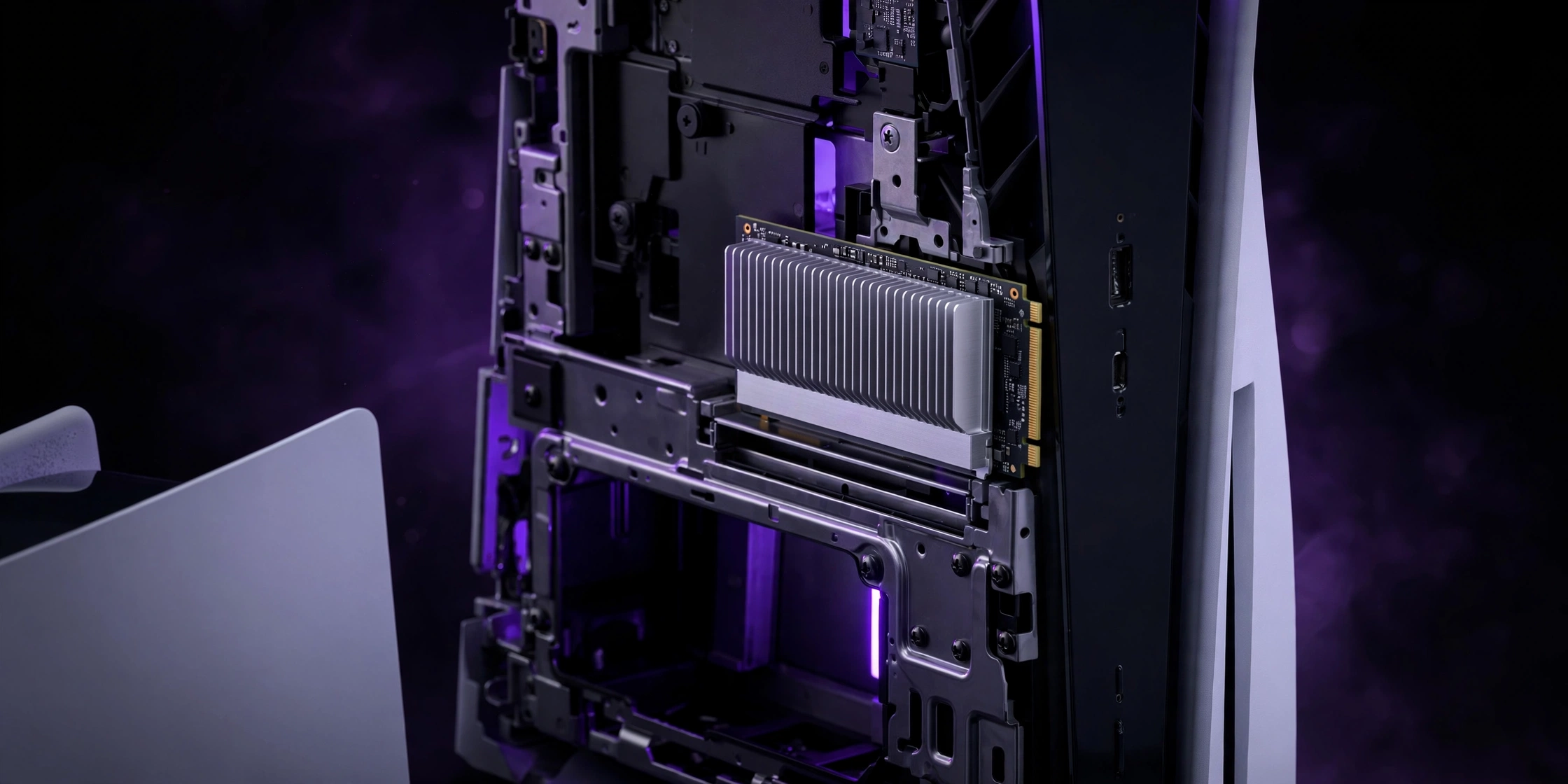 PlayStation 5 console with an M.2 SSD installed in the expansion bay