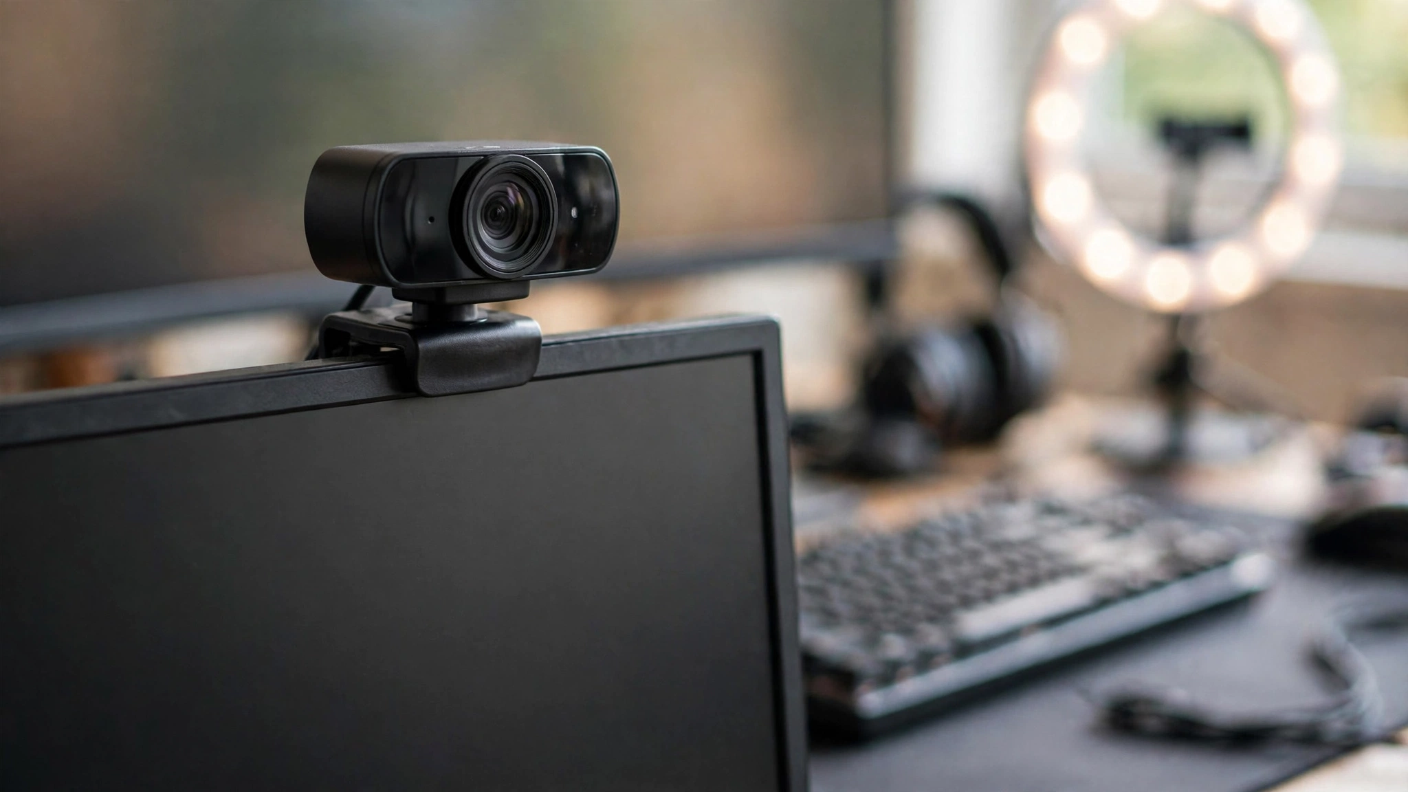 Webcam mounted on top of a computer monitor in a streaming setup