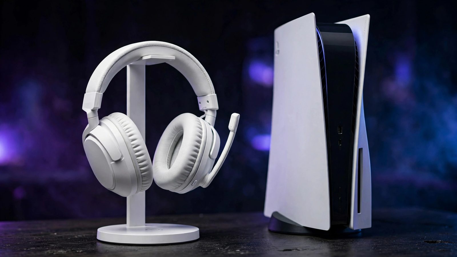 White wireless gaming headset on a stand next to a PlayStation 5 console