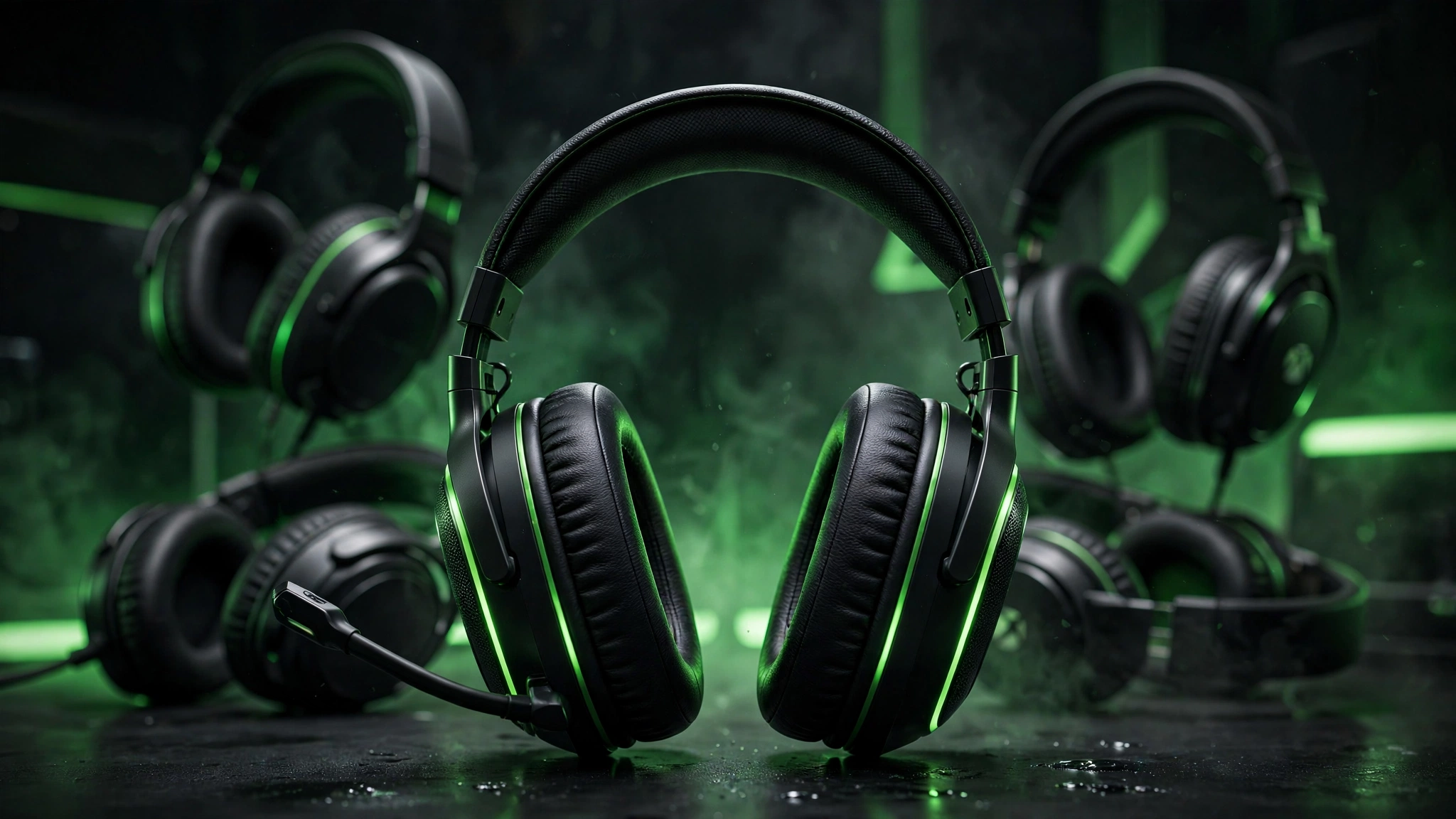Gaming headsets displayed on a dark background with green lighting