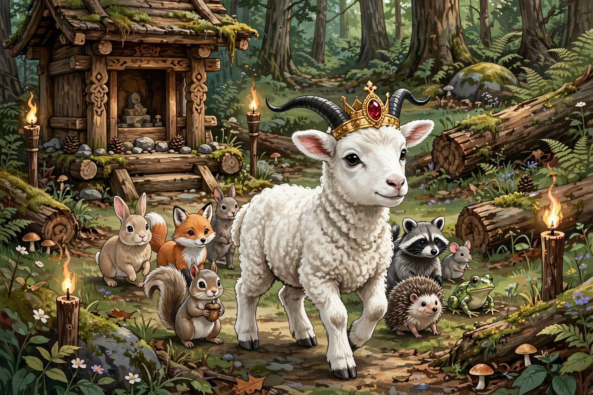 Cult of the Lamb character with a golden crown leading woodland animal followers in a forest
