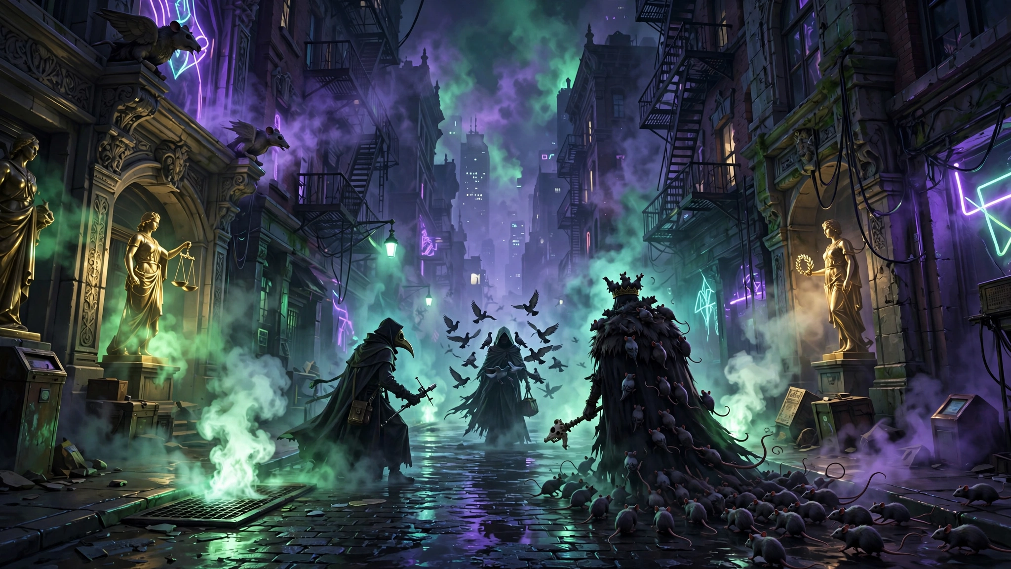Stylized New York cityscape at night with silhouetted hero characters facing off in a neon-lit street