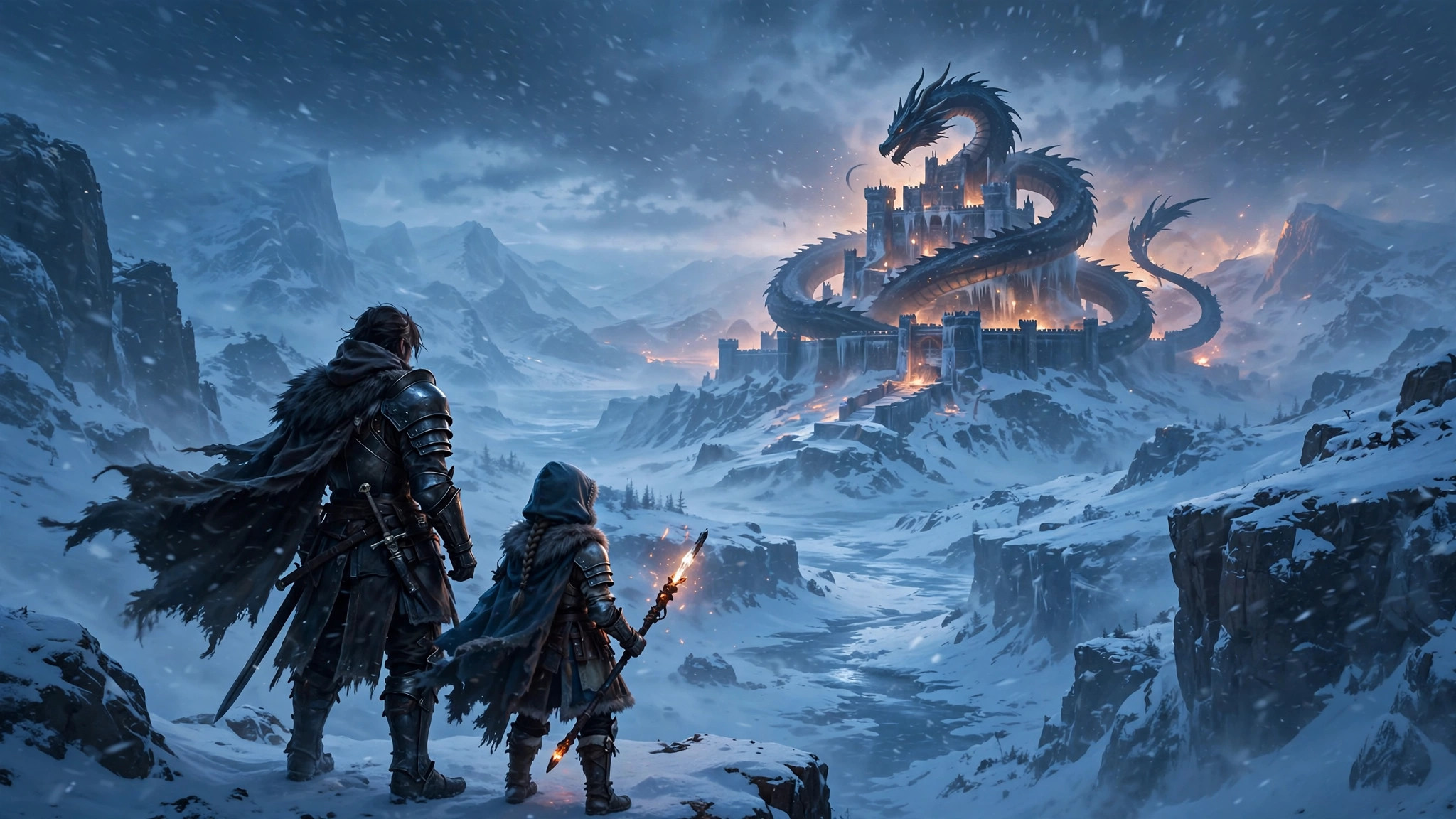 Armored warrior and pawn facing a dragon coiled around a snowy fortress