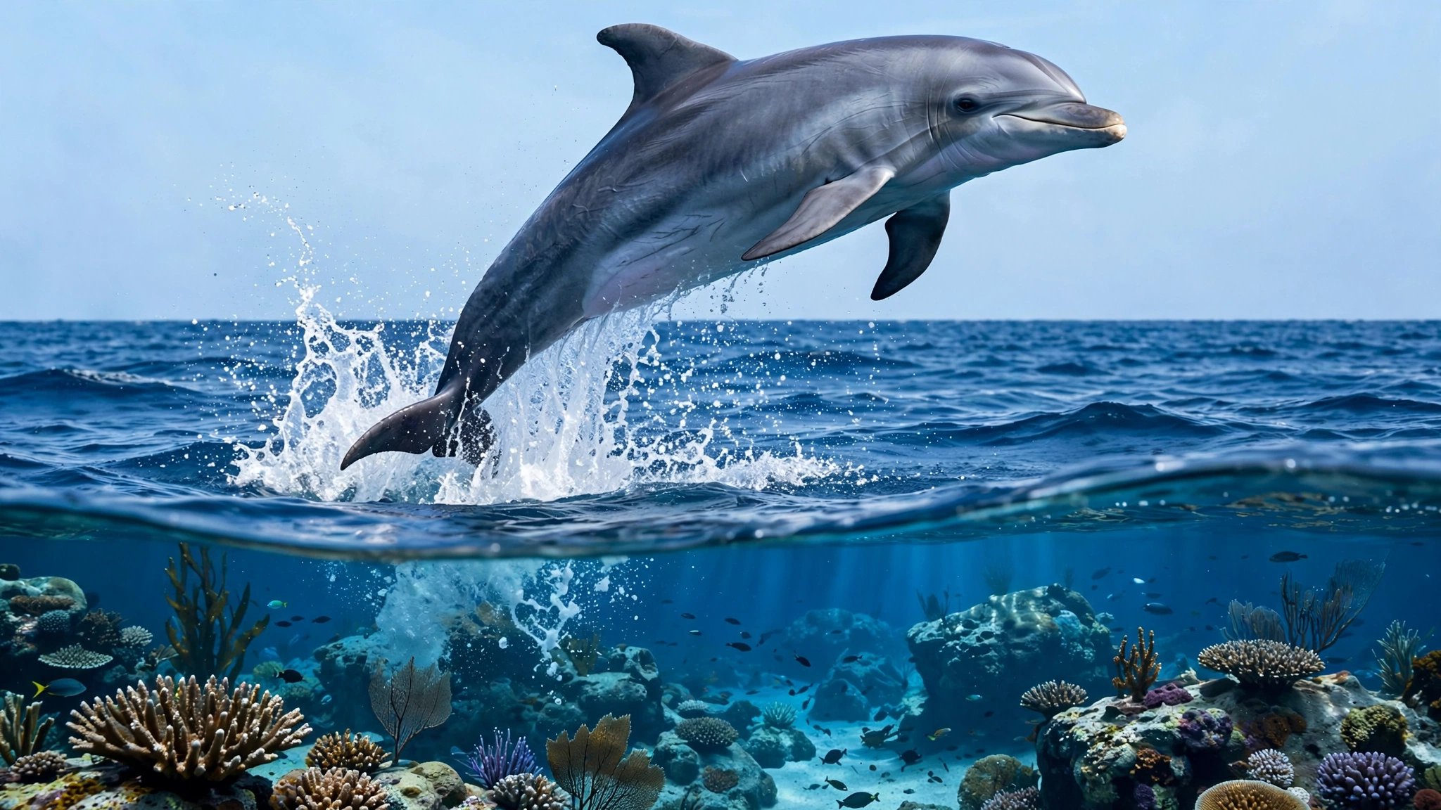 Bottlenose dolphin leaping from blue ocean water above a coral reef