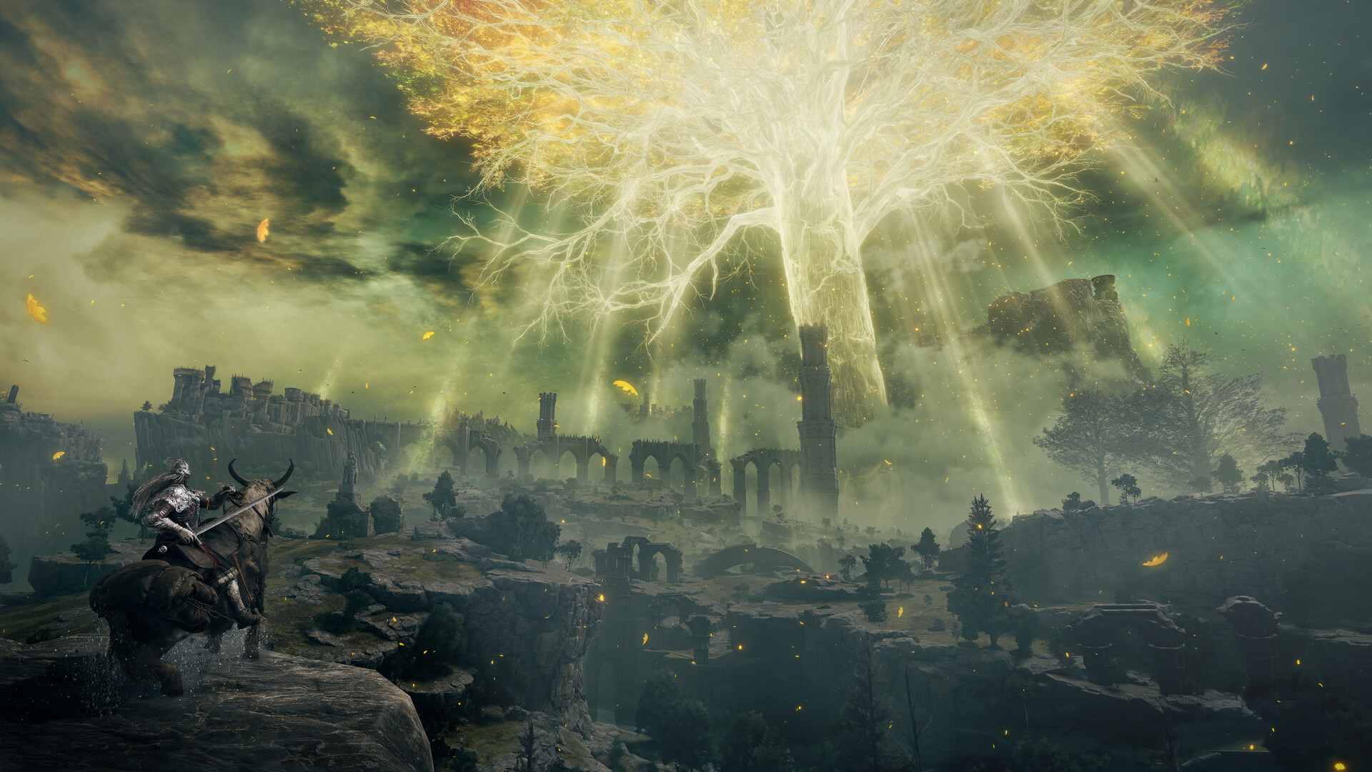 A Tarnished warrior on horseback gazes up at the glowing Erdtree in Elden Ring.