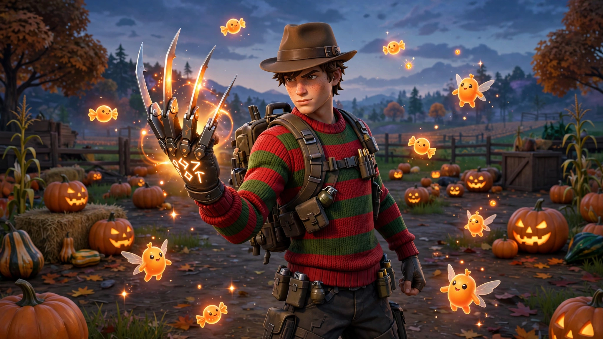Fortnite character with a Freddy Krueger-style bladed glove in a Halloween pumpkin patch
