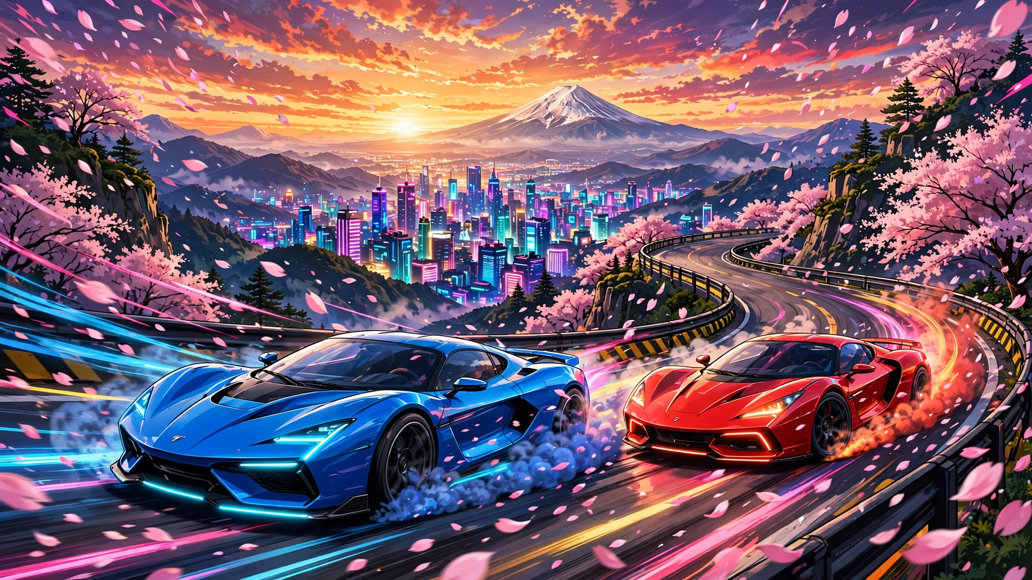 Sports cars drifting on a mountain road in Japan at sunset with Mount Fuji in the distance