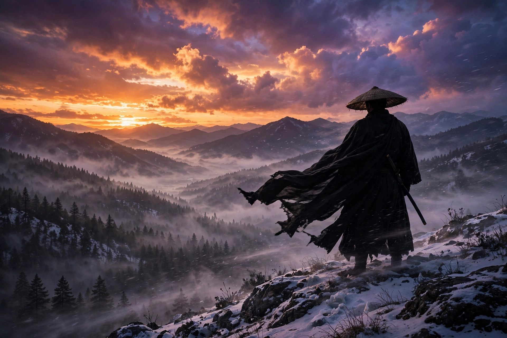 Silhouette of a samurai standing on a snowy mountain ridge overlooking a misty valley at sunset