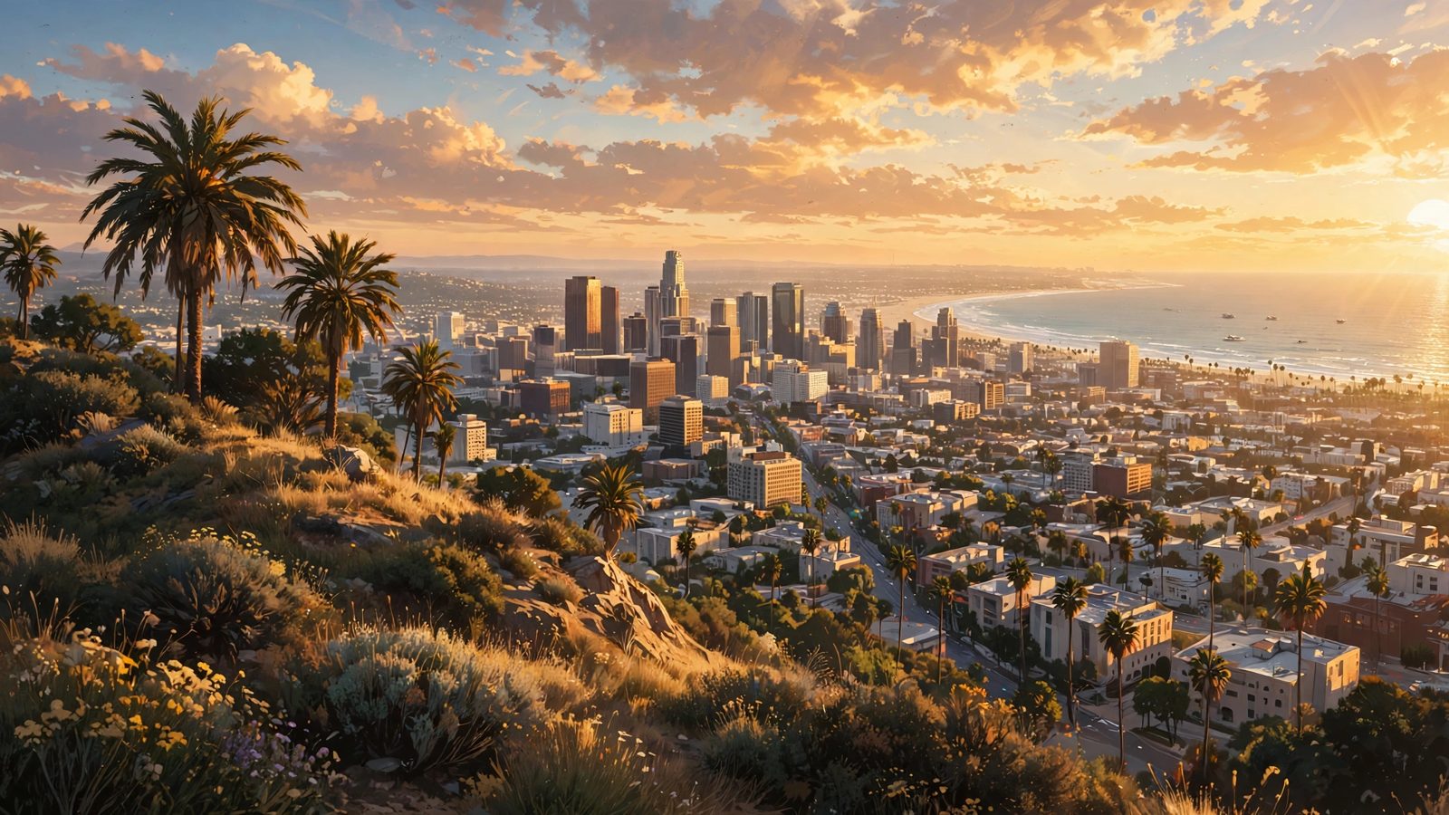 Sunny fictional California-style city skyline with palm trees at sunset
