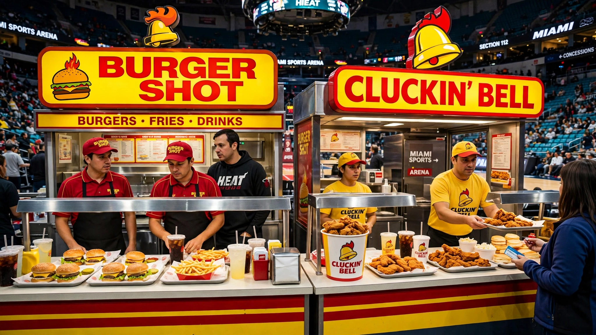 Burger Shot and Cluckin' Bell food stands with branded staff inside Miami's Kaseya Center arena