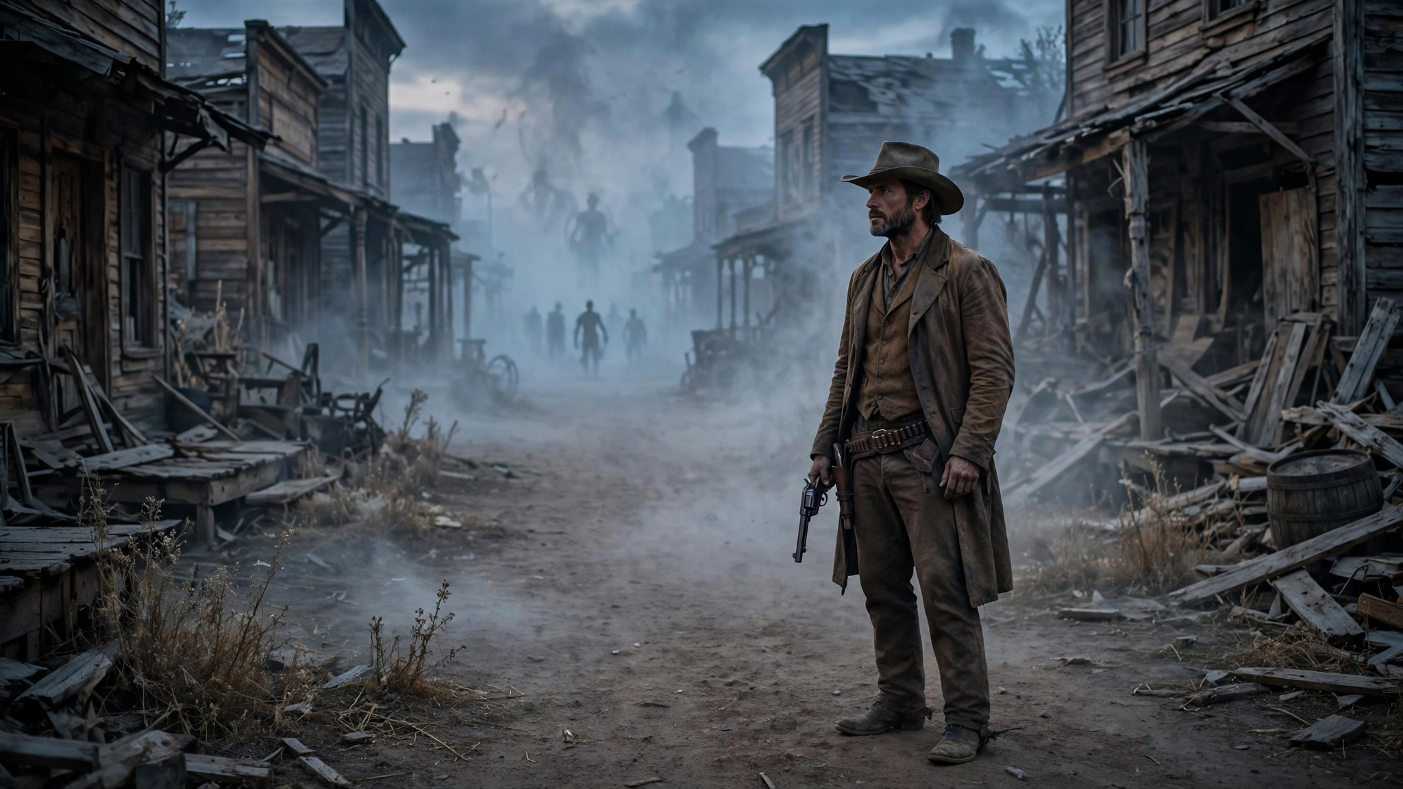 Cowboy gunslinger with revolver in a dusty apocalyptic Old West town with occult fog