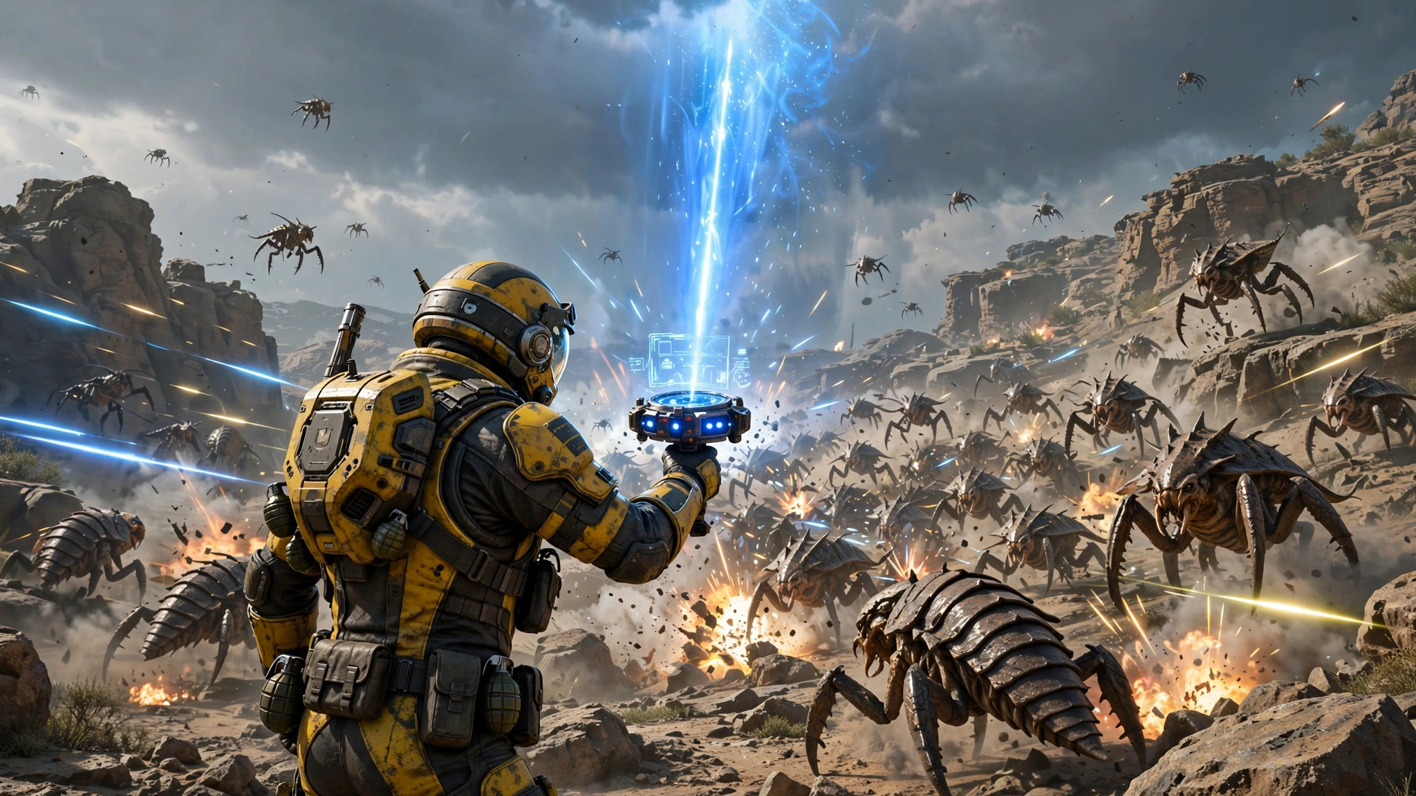Helldivers 2 soldier in yellow and black armor calling down an orbital strike on a planet overrun by giant insect enemies