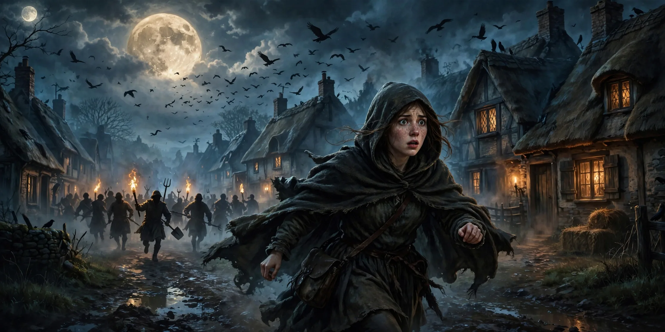 Hooded woman fleeing a torch-bearing mob through a moonlit 17th-century English village
