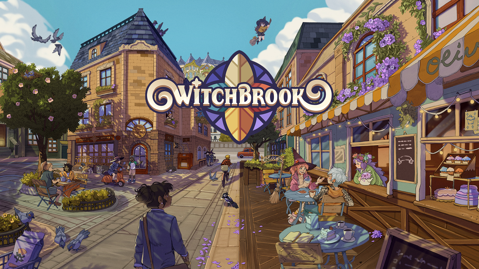 Witchbrook key art showing the seaside town of Mossport