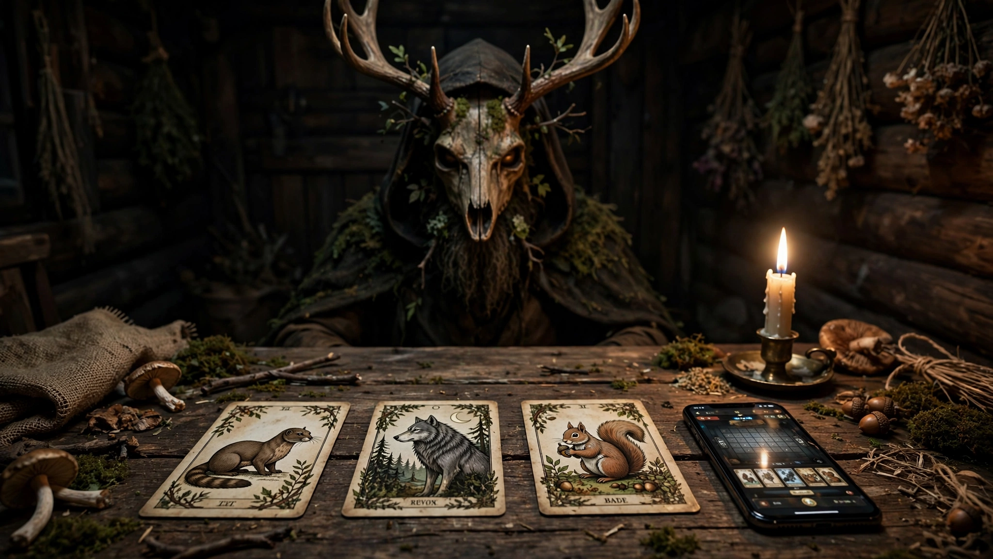 Leshy the masked gamemaster at a candlelit card table with a smartphone, from the horror card game Inscryption