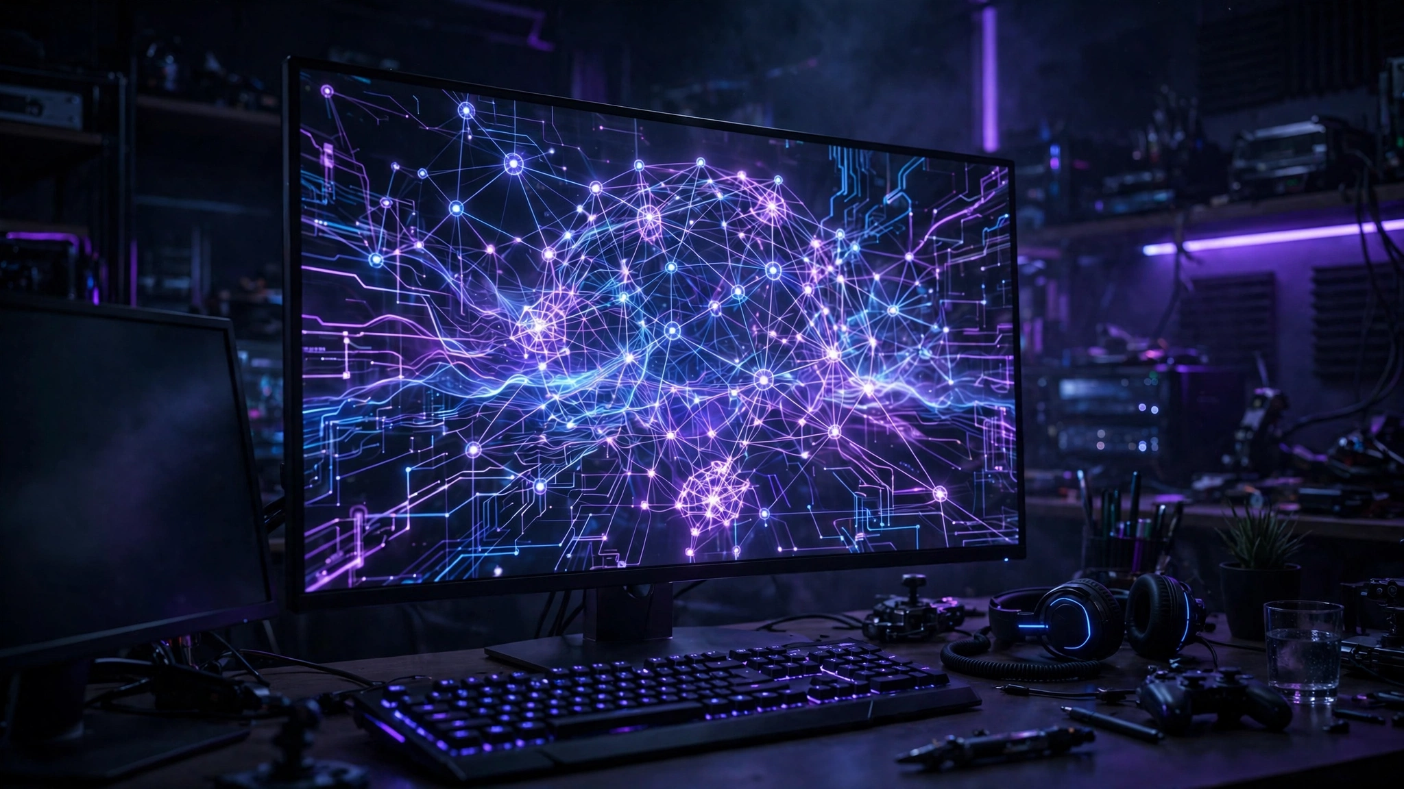 Futuristic game engine interface with glowing AI neural network graphics on a large monitor in a dark development studio