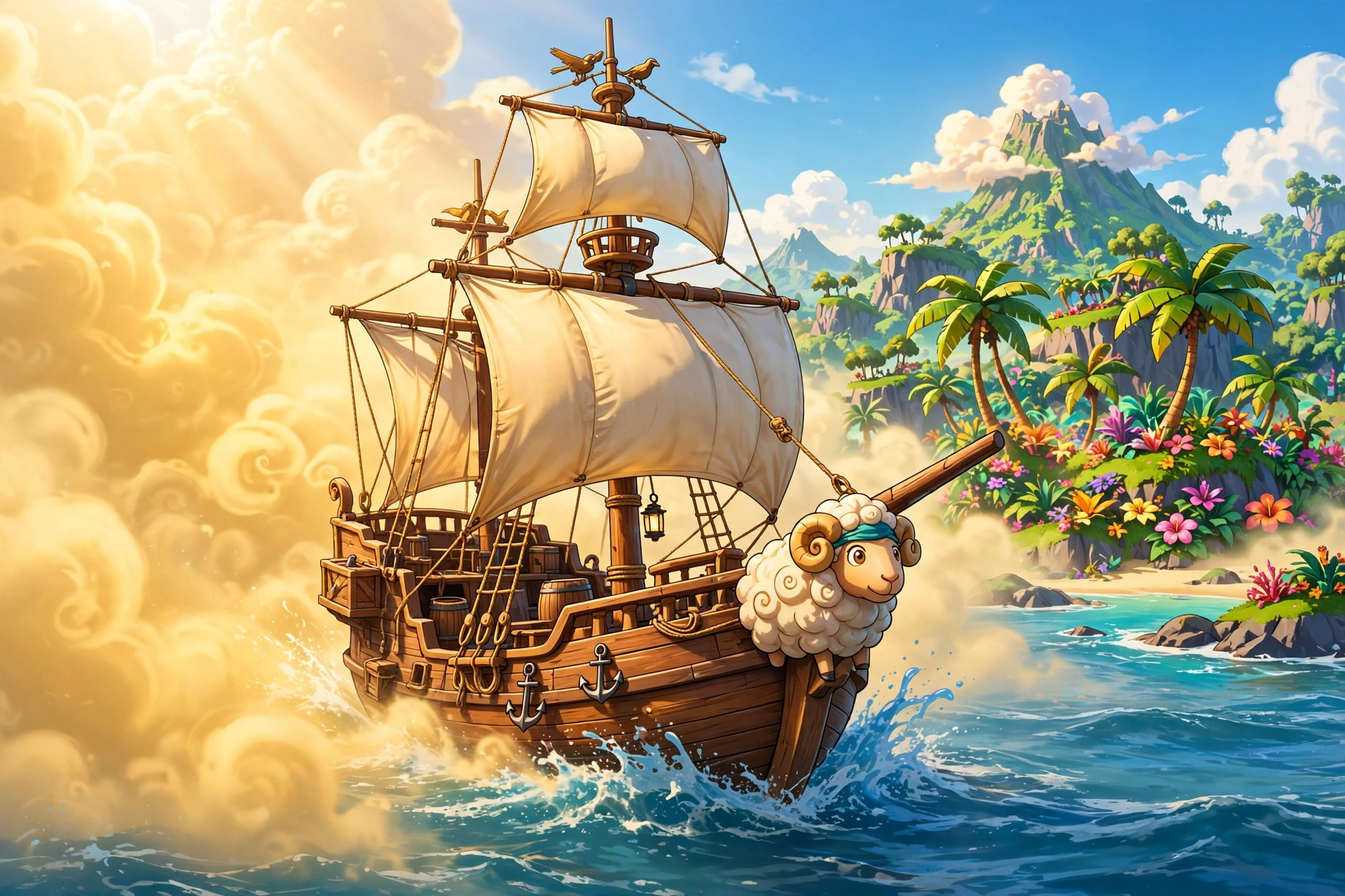 A cartoon pirate ship with a sheep figurehead sailing out of fog toward a tropical island
