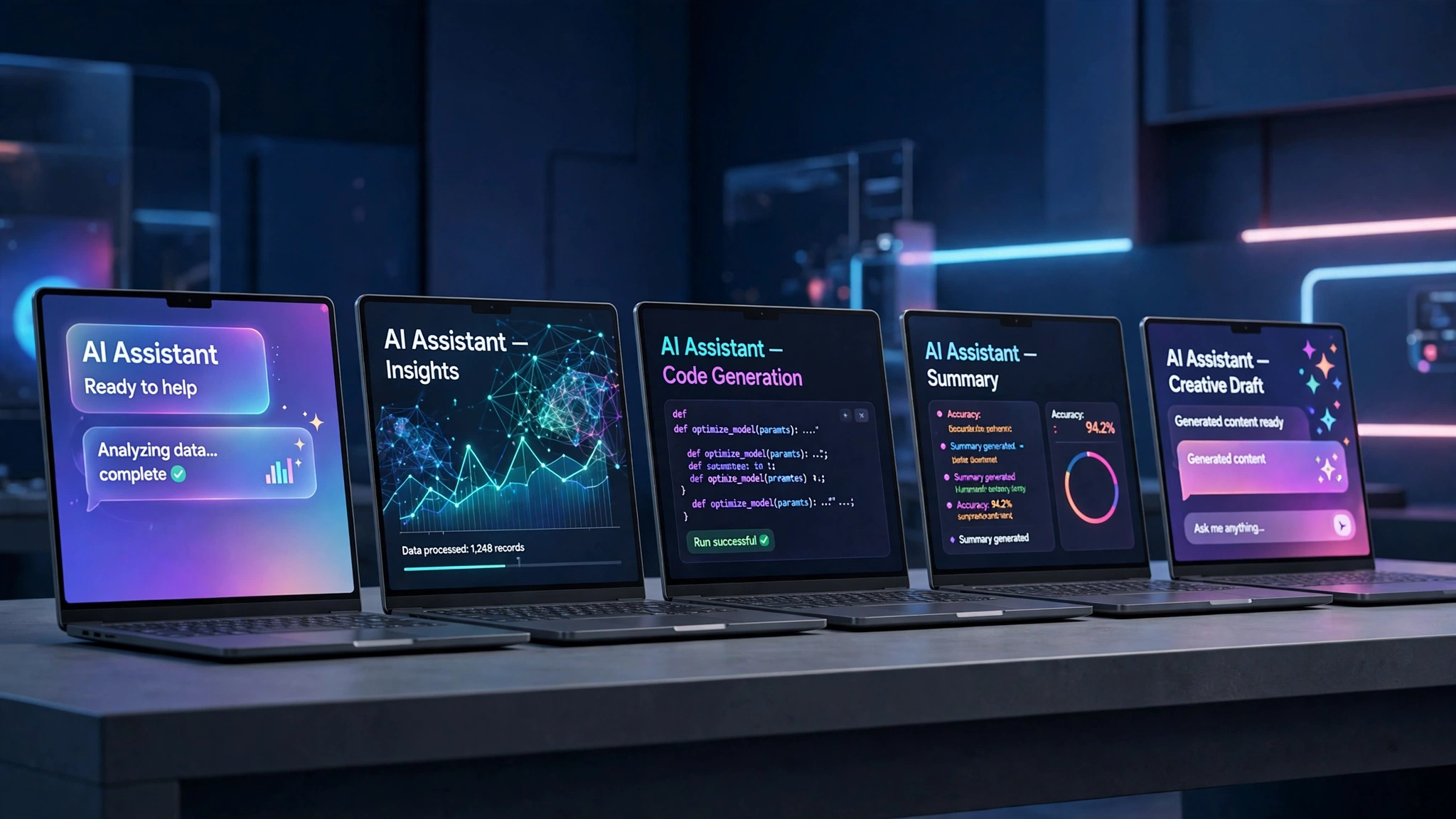 Five sleek laptops lined up on a desk with glowing AI screens