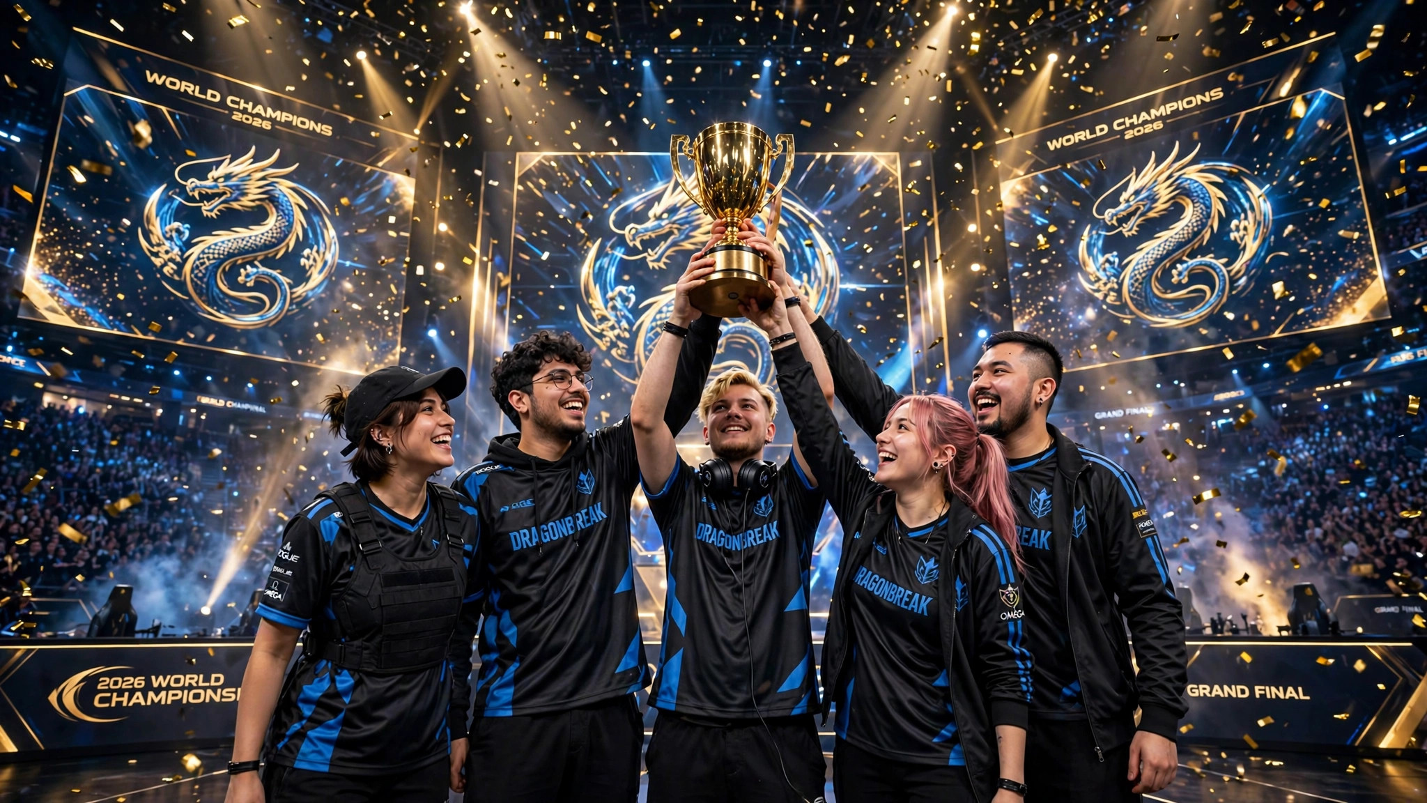 Esports team lifting a gold trophy on stage with confetti falling